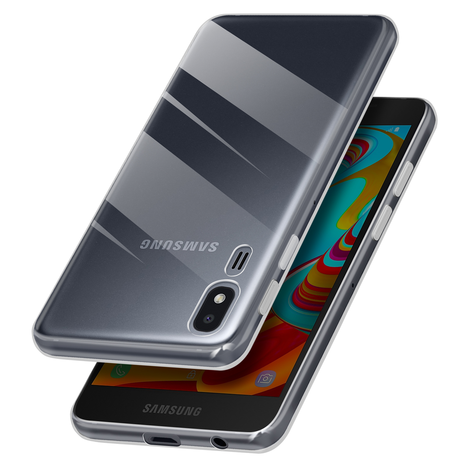 Telefono Samsung con custodia trasparente a righe grigie. Sfondo bianco.