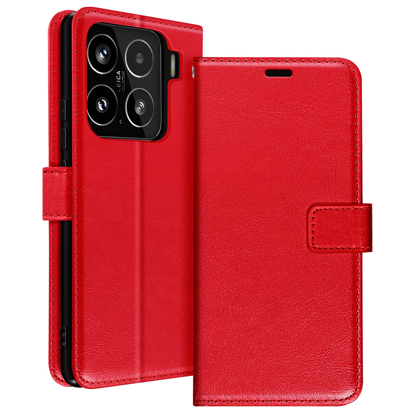 Custodia per telefono in pelle rossa con telefono all'interno. Design a portafoglio.