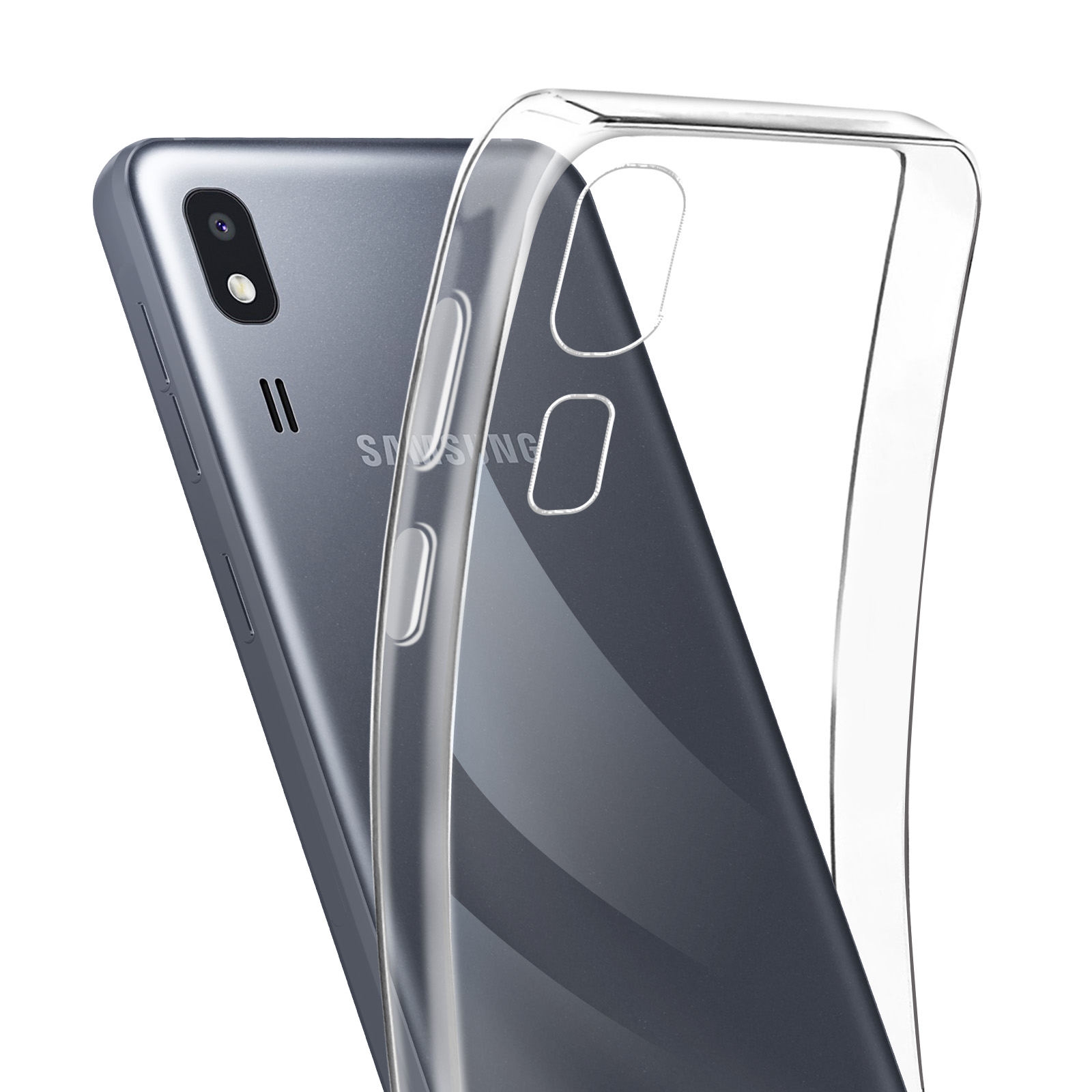 Una custodia trasparente su un telefono Samsung grigio; obiettivo della fotocamera visibile.