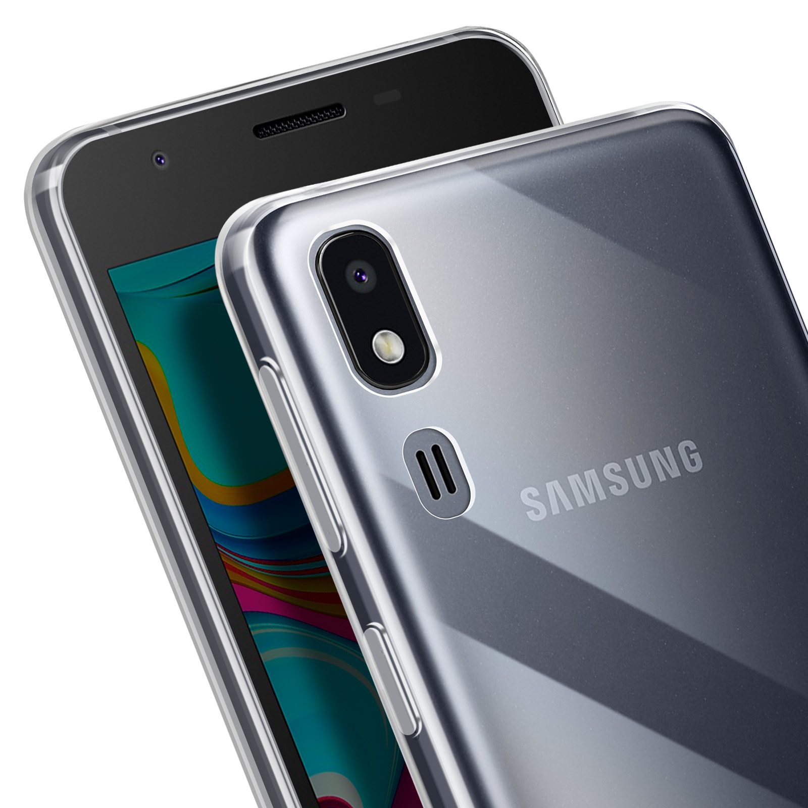 Telefono Samsung con custodia trasparente. Il telefono è parzialmente visibile. Sfondo bianco.