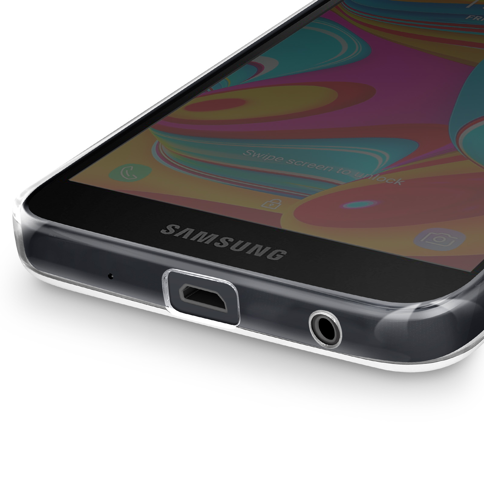 Un primo piano di un telefono con una custodia trasparente; il logo Samsung è visibile.