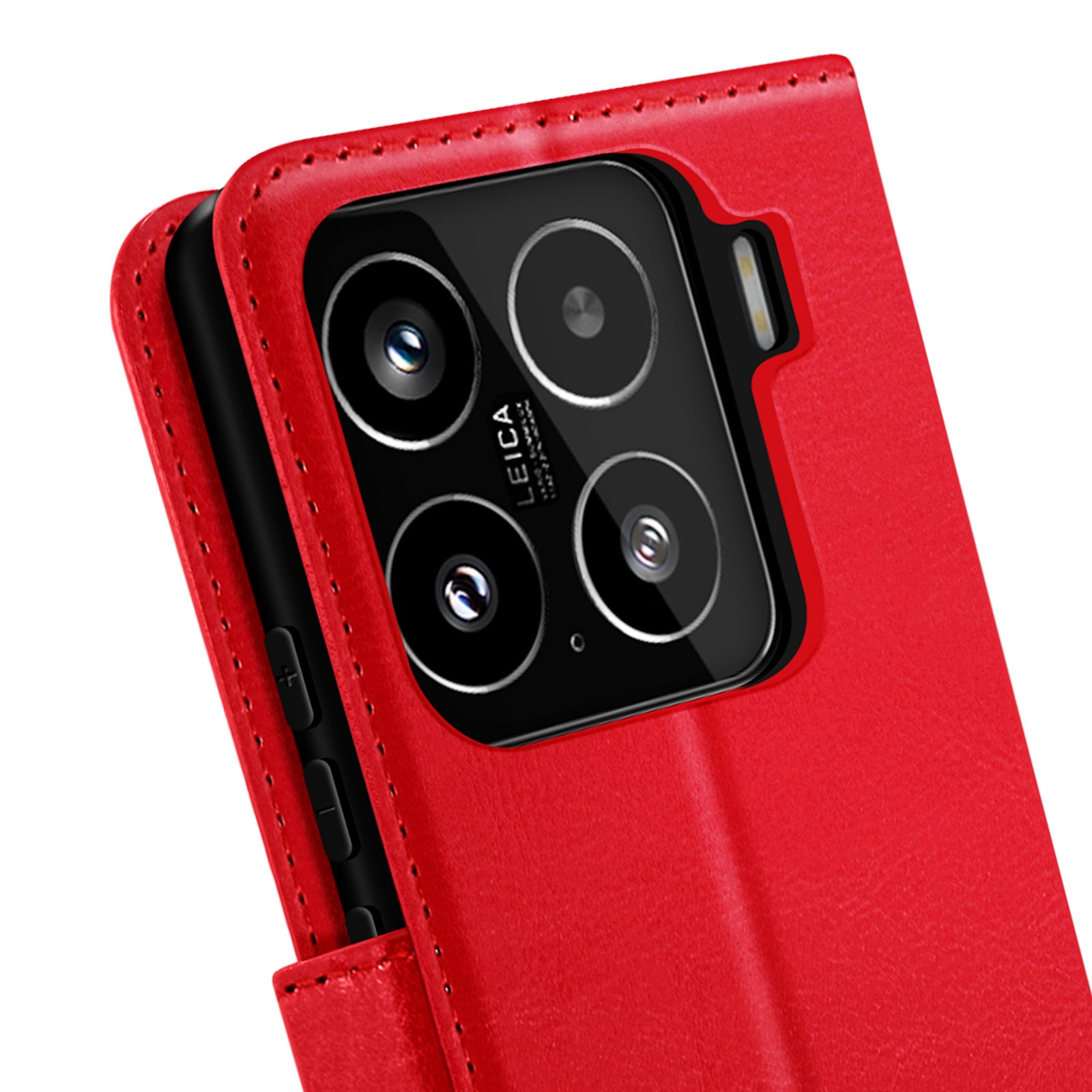 Una custodia rossa con un telefono all'interno; sono visibili lenti della fotocamera Leica.