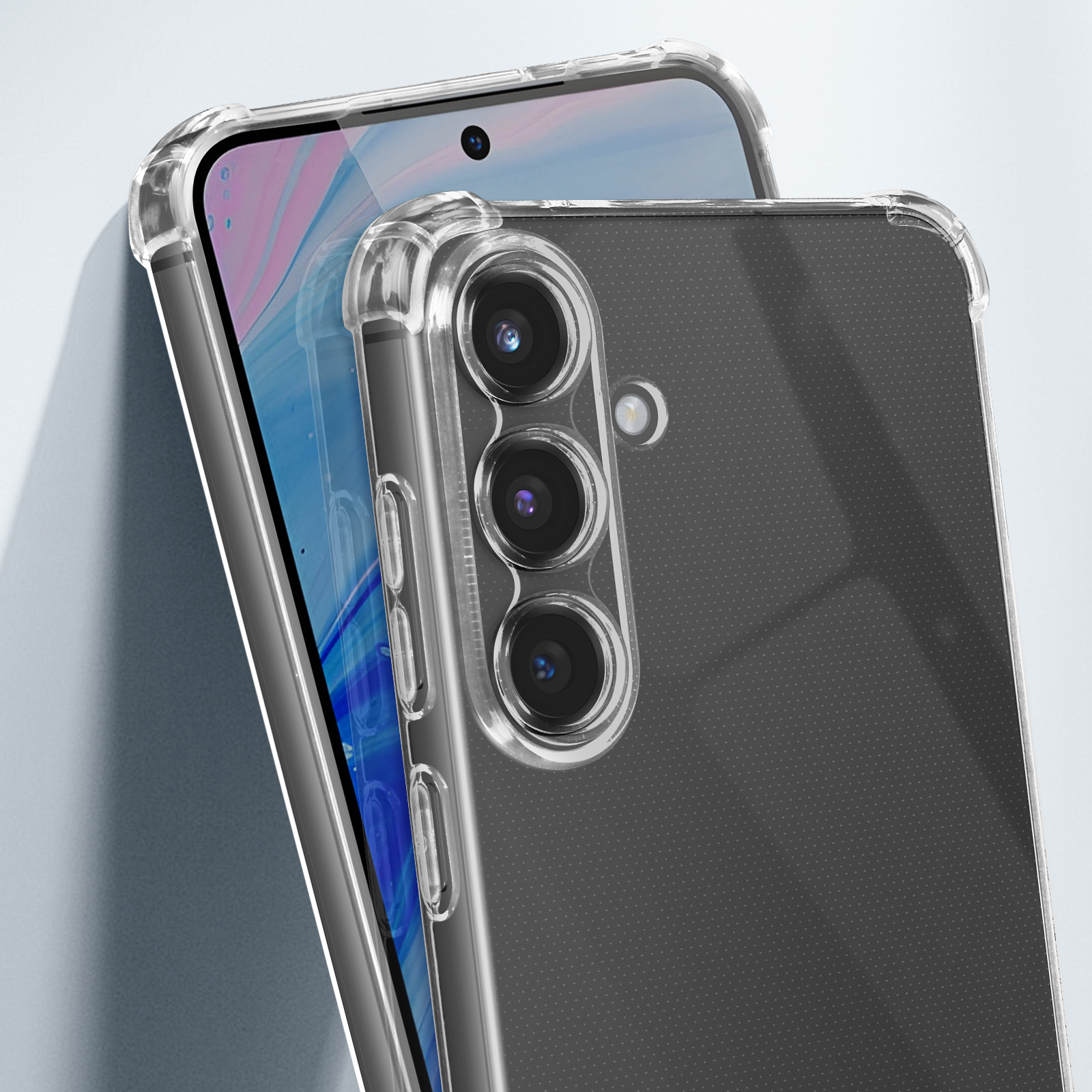 Due telefoni, uno con custodia trasparente, che mostra le lenti della fotocamera.