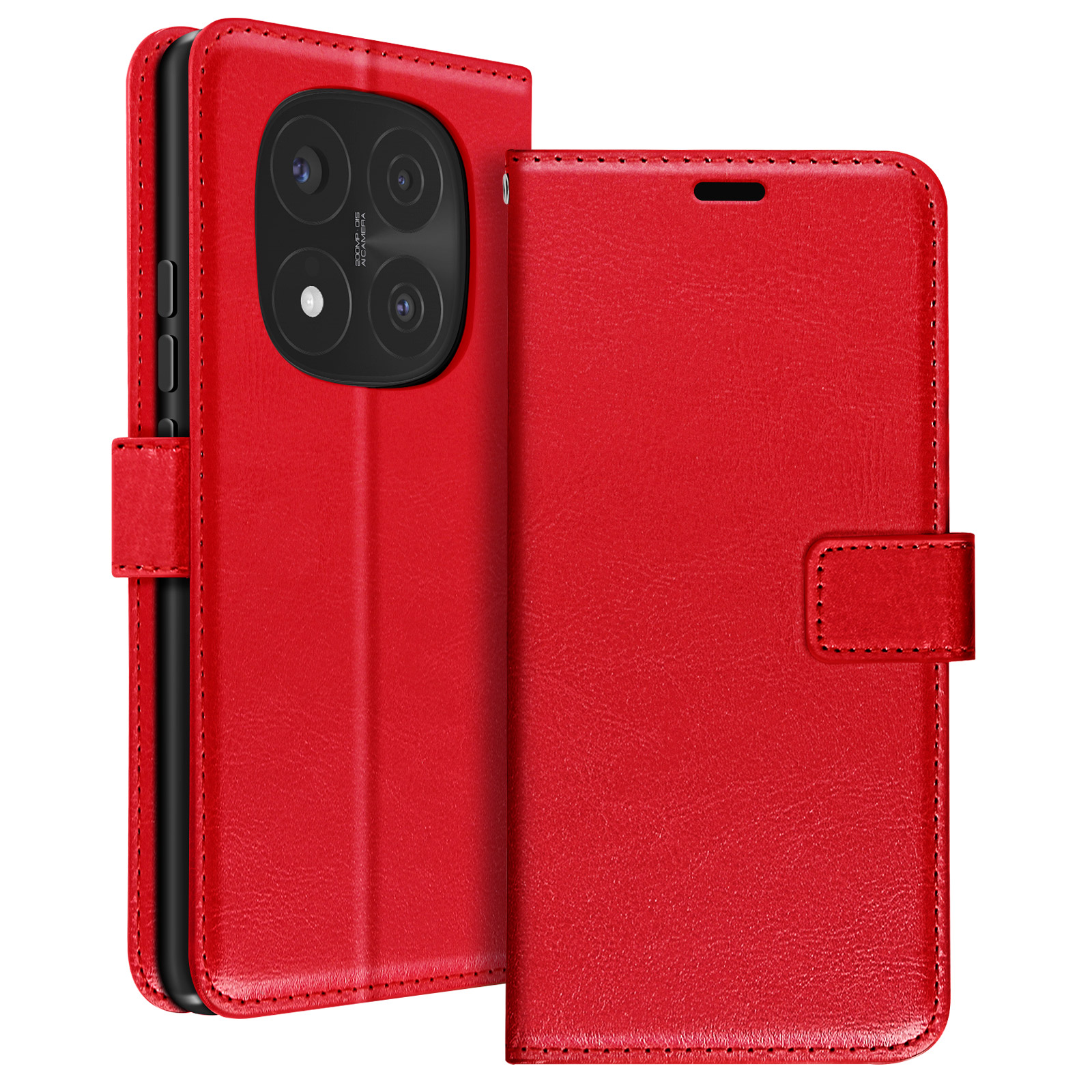 Custodia rossa per telefono con telefono dentro. Il telefono è rosso, la custodia è rossa e chiusa. Il retro del telefono è visibile.