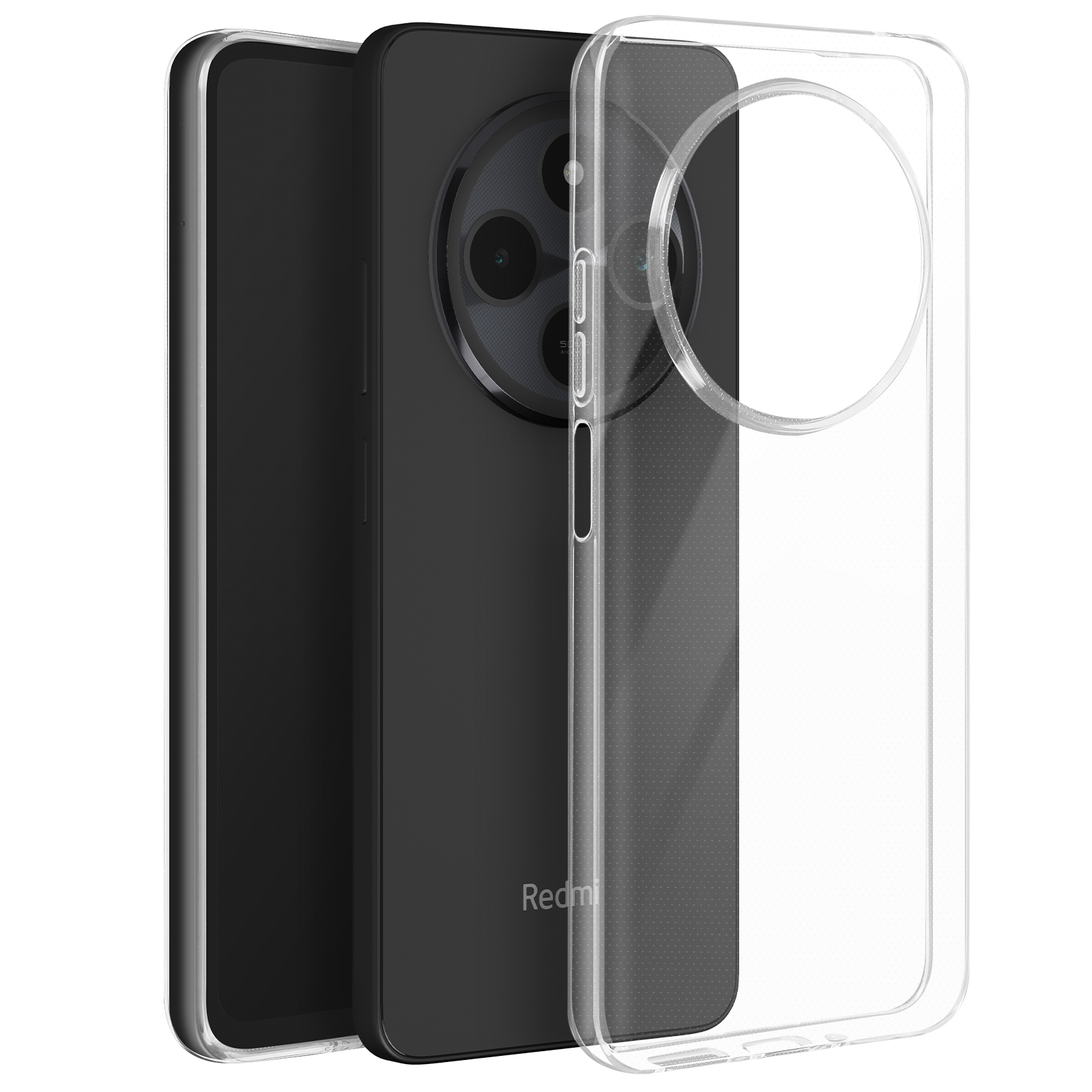 Telefono nero con obiettivi della fotocamera, all'interno di una custodia trasparente, con una copertura trasparente.
