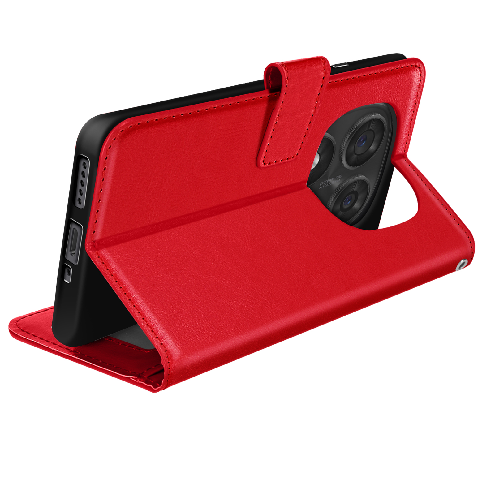 Custodia per telefono rossa aperta, telefono dentro, obiettivi della fotocamera visibili. Sfondo bianco.