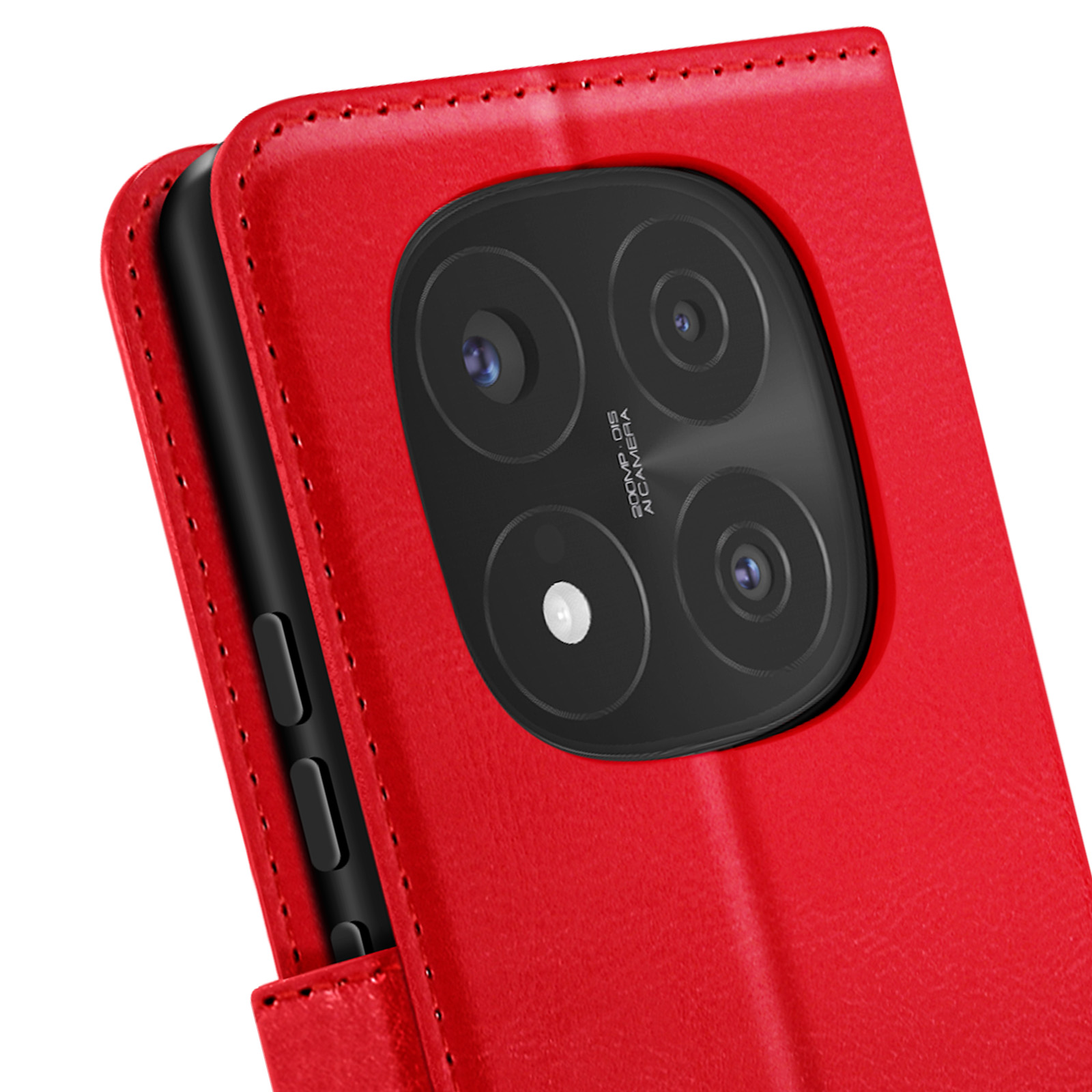Custodia per telefono rossa aperta, telefono all'interno con obiettivi della fotocamera visibili. Primo piano.