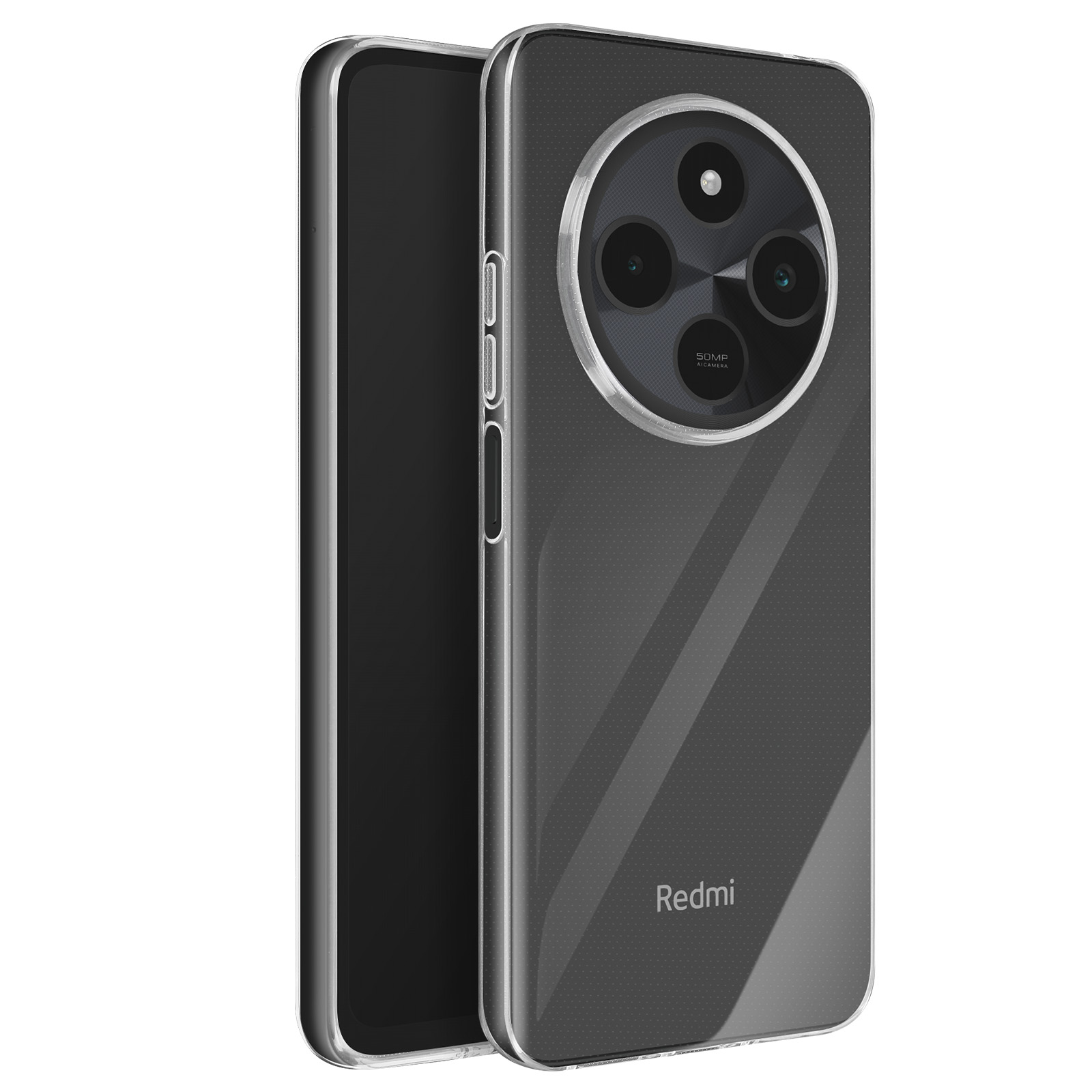 Telefono con custodia trasparente. Il telefono ha una grande lente della fotocamera e un logo.