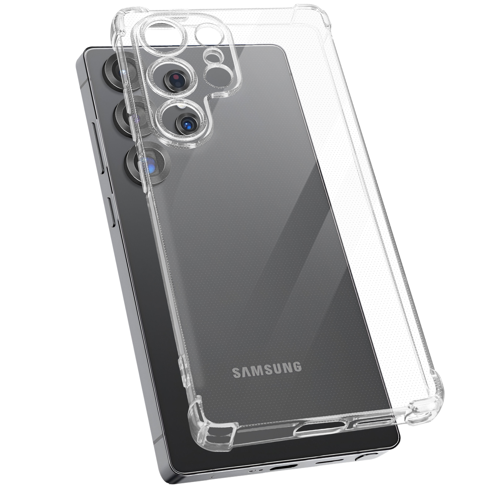 Una custodia trasparente su un telefono grigio, che mostra la fotocamera e il logo Samsung.