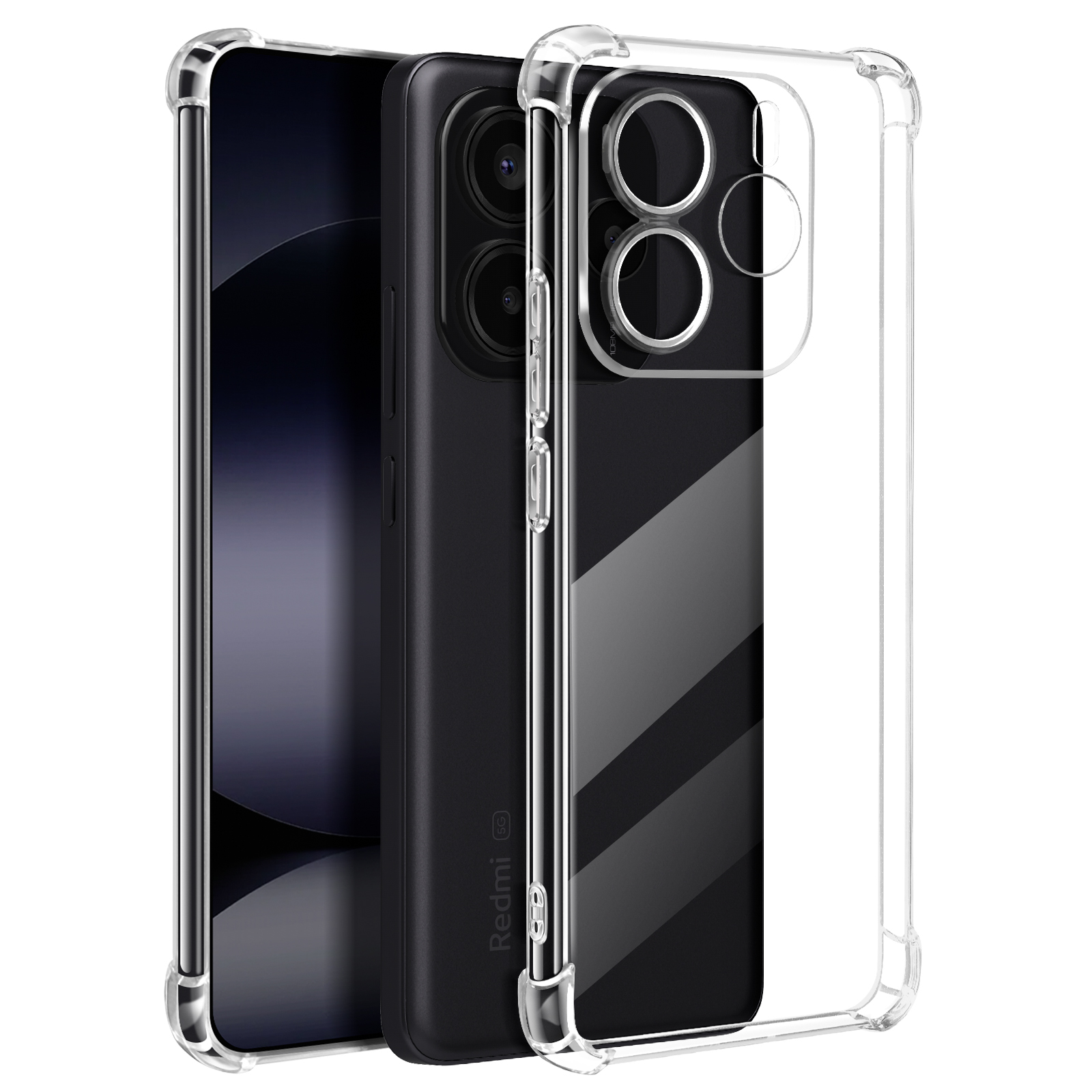 Tre telefoni, due neri e uno trasparente, in custodie trasparenti, uno accanto all'altro.