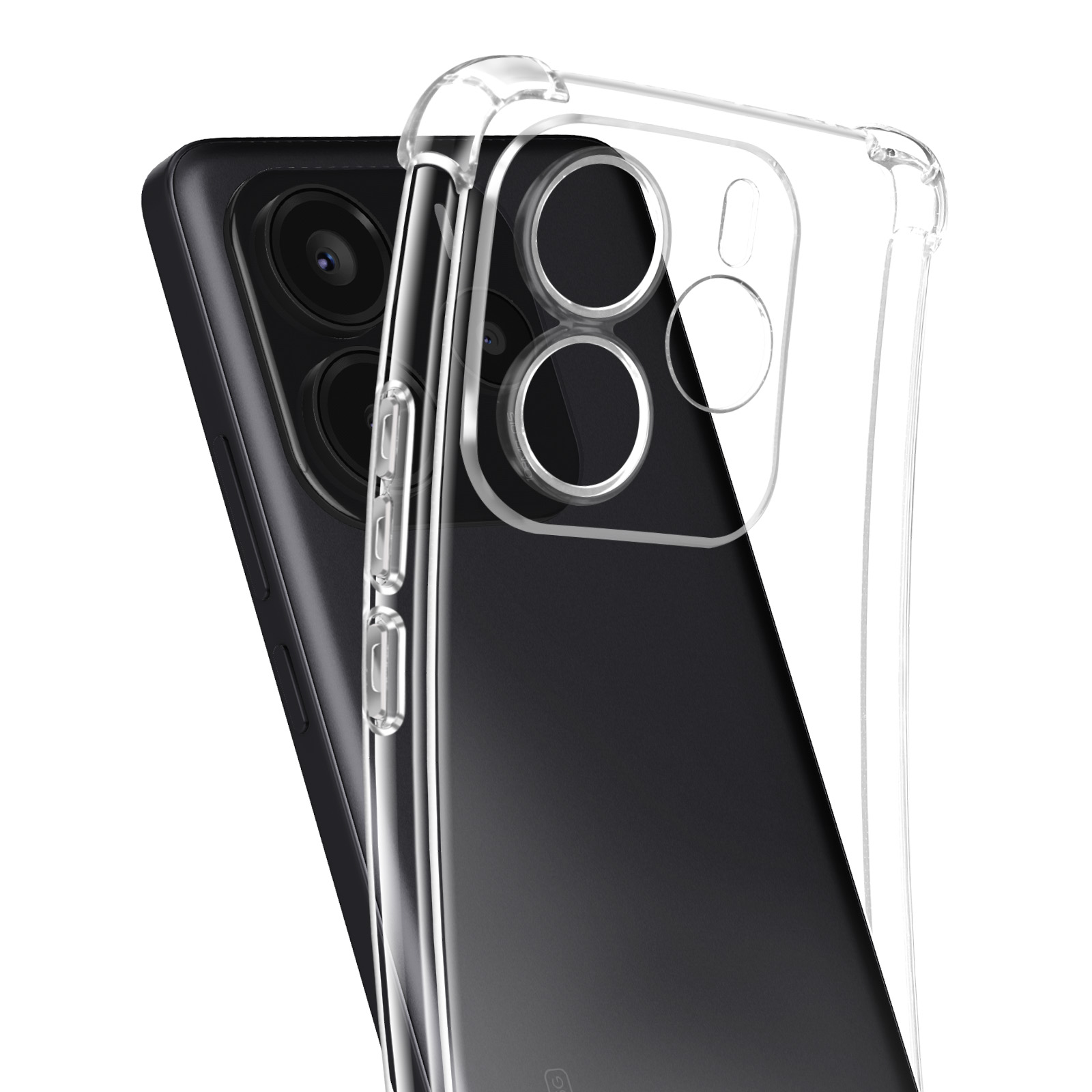 Una custodia trasparente per telefono sopra un telefono nero, vista laterale, che mostra la fotocamera e i pulsanti.