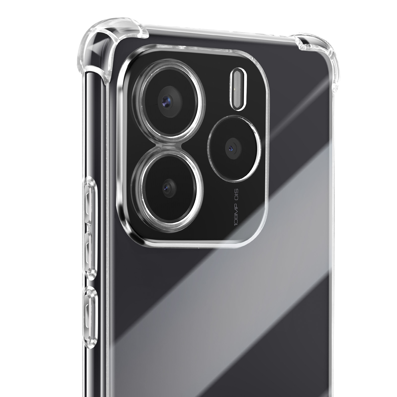 Primo piano di una custodia trasparente con lenti della fotocamera e telefono. Custodia trasparente.