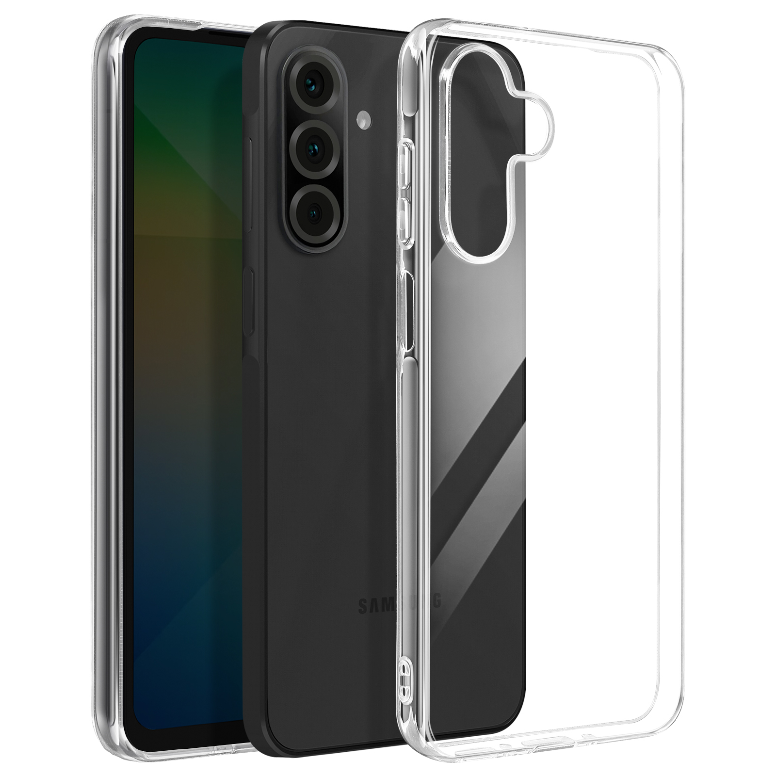 Un telefono con custodia nera e custodia trasparente. Il telefono ha una tripla fotocamera. Sfondo bianco.