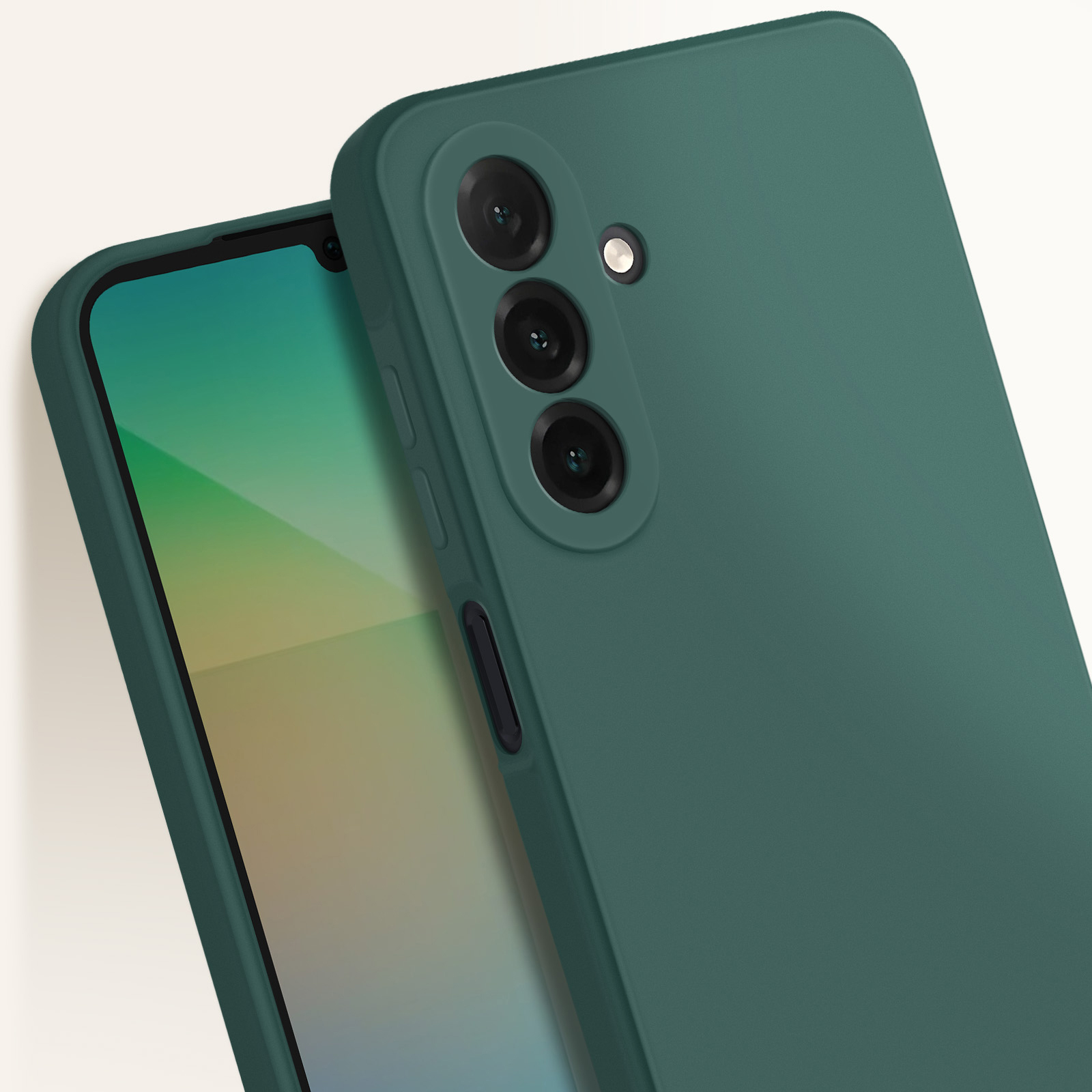 Custodia verde per telefono con telefono all'interno. La fotocamera del telefono è visibile. Sfondo bianco.