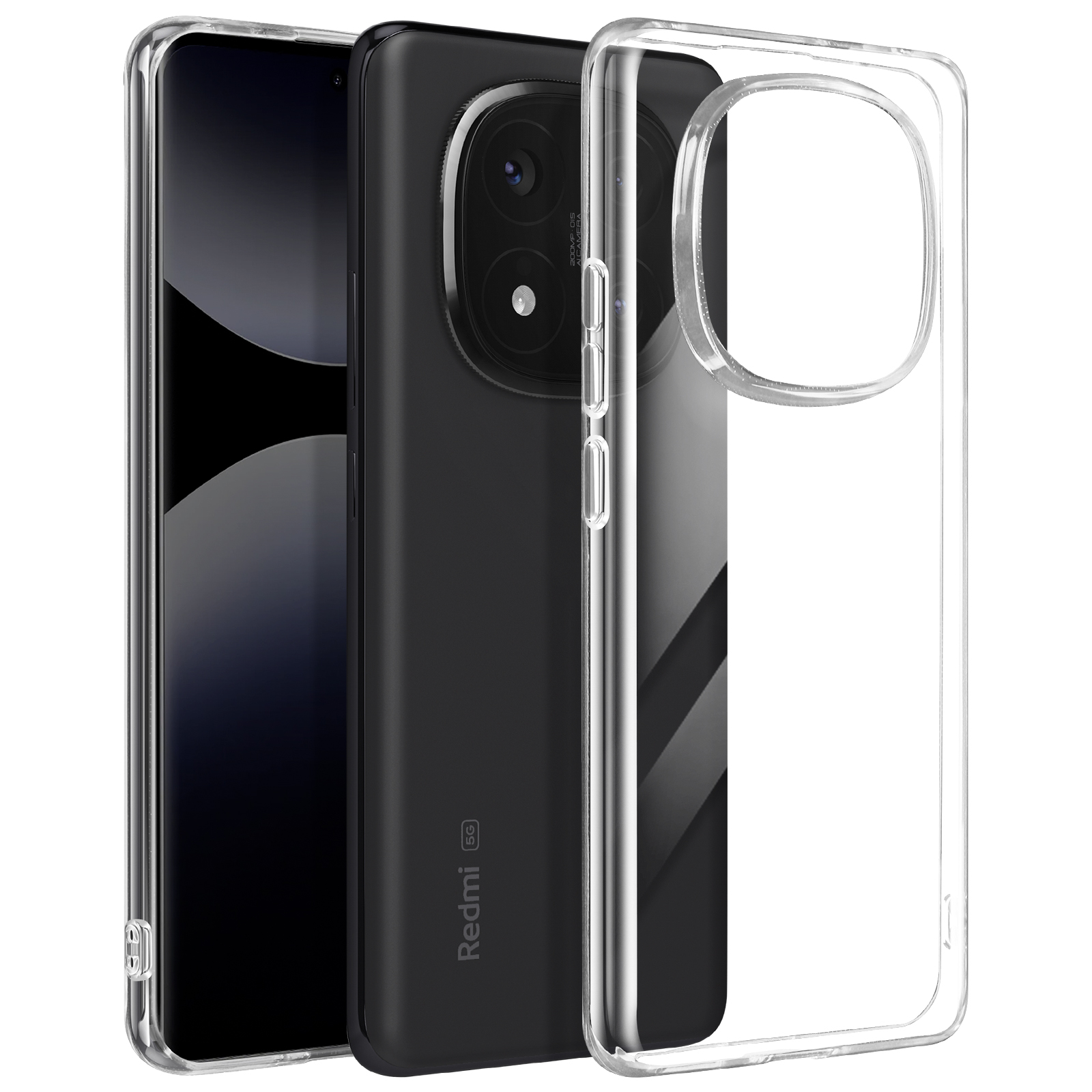 Un telefono con custodia nera e custodia trasparente. Il telefono ha una tripla fotocamera. Sfondo bianco.