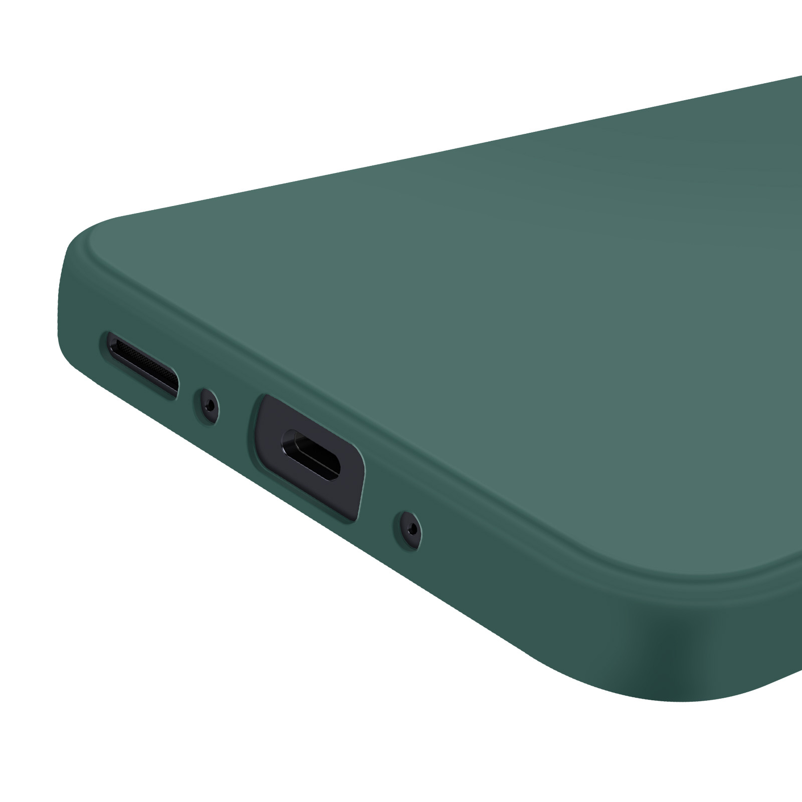 Primo piano di una custodia per telefono verde scuro, con porte di ricarica.