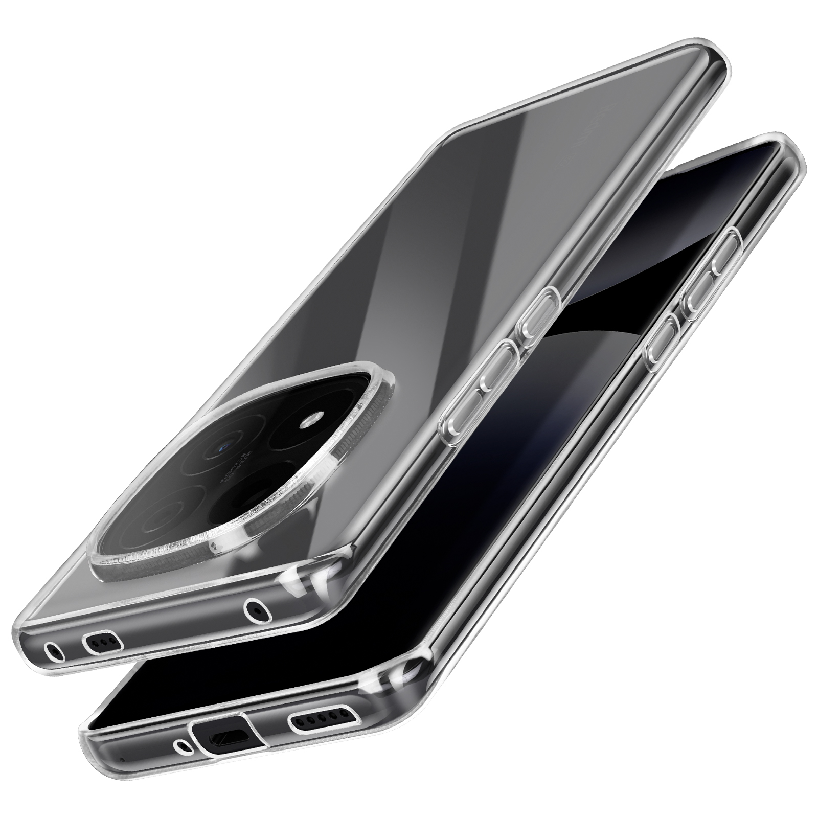 Sono mostrate due custodie trasparenti per telefono con un telefono all'interno. Le custodie hanno ritagli per la fotocamera.
