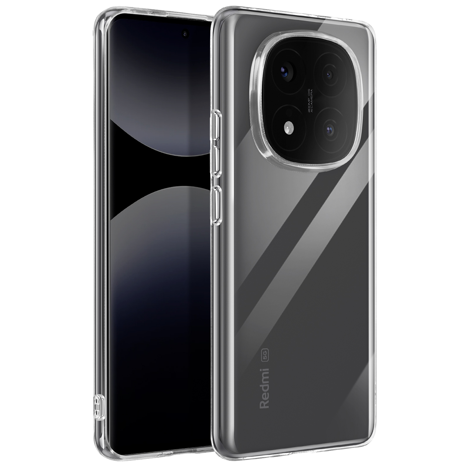 Viene presentata una custodia trasparente per telefono con un telefono all'interno. La custodia ha ritagli per la fotocamera.