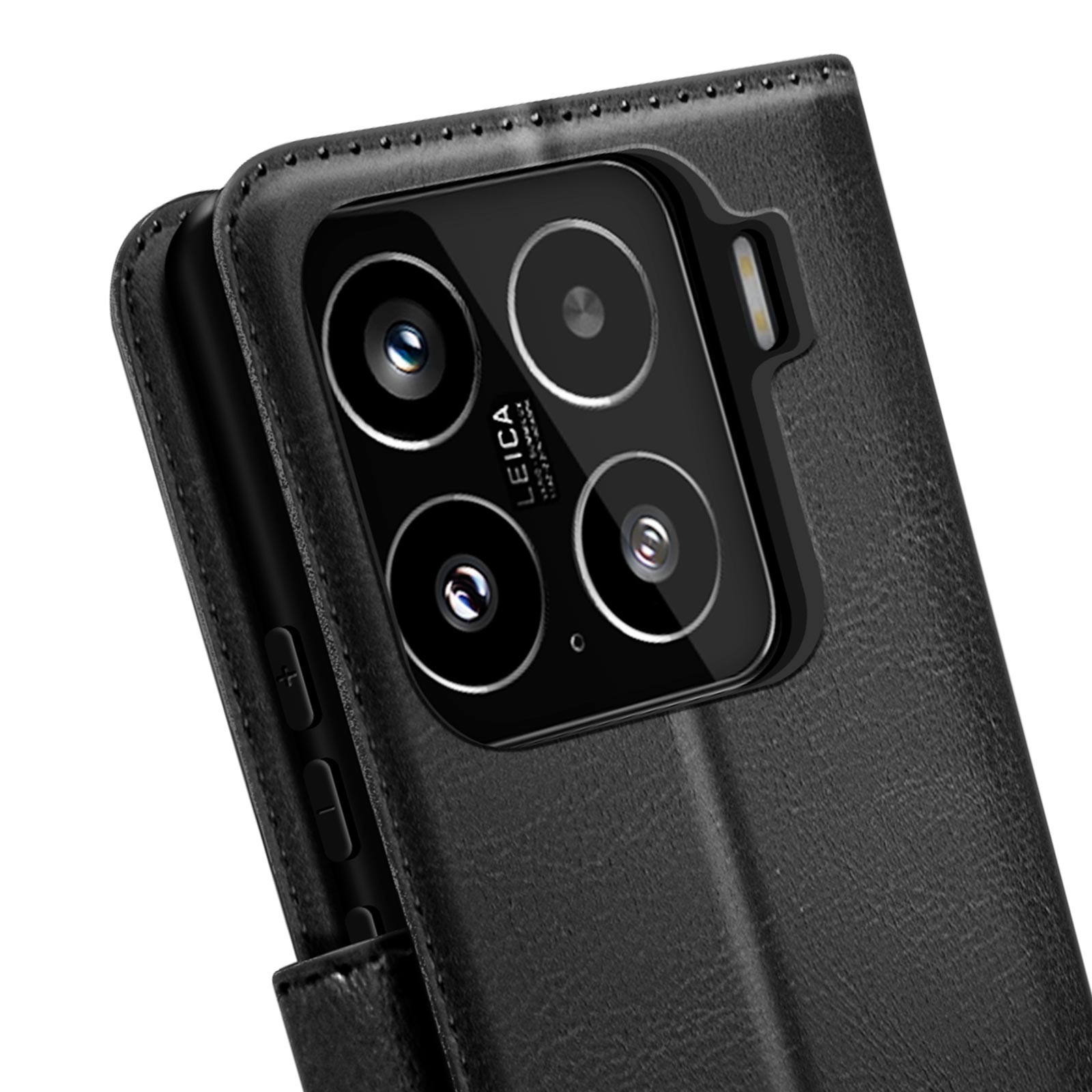 Custodia nera per telefono con lenti della fotocamera e marchio Leica. La custodia è chiusa con una copertura in pelle.