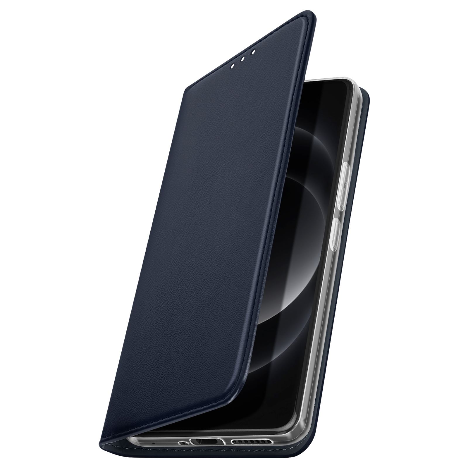 Étui de téléphone bleu, téléphone à l'intérieur, ouvert, sur fond blanc.