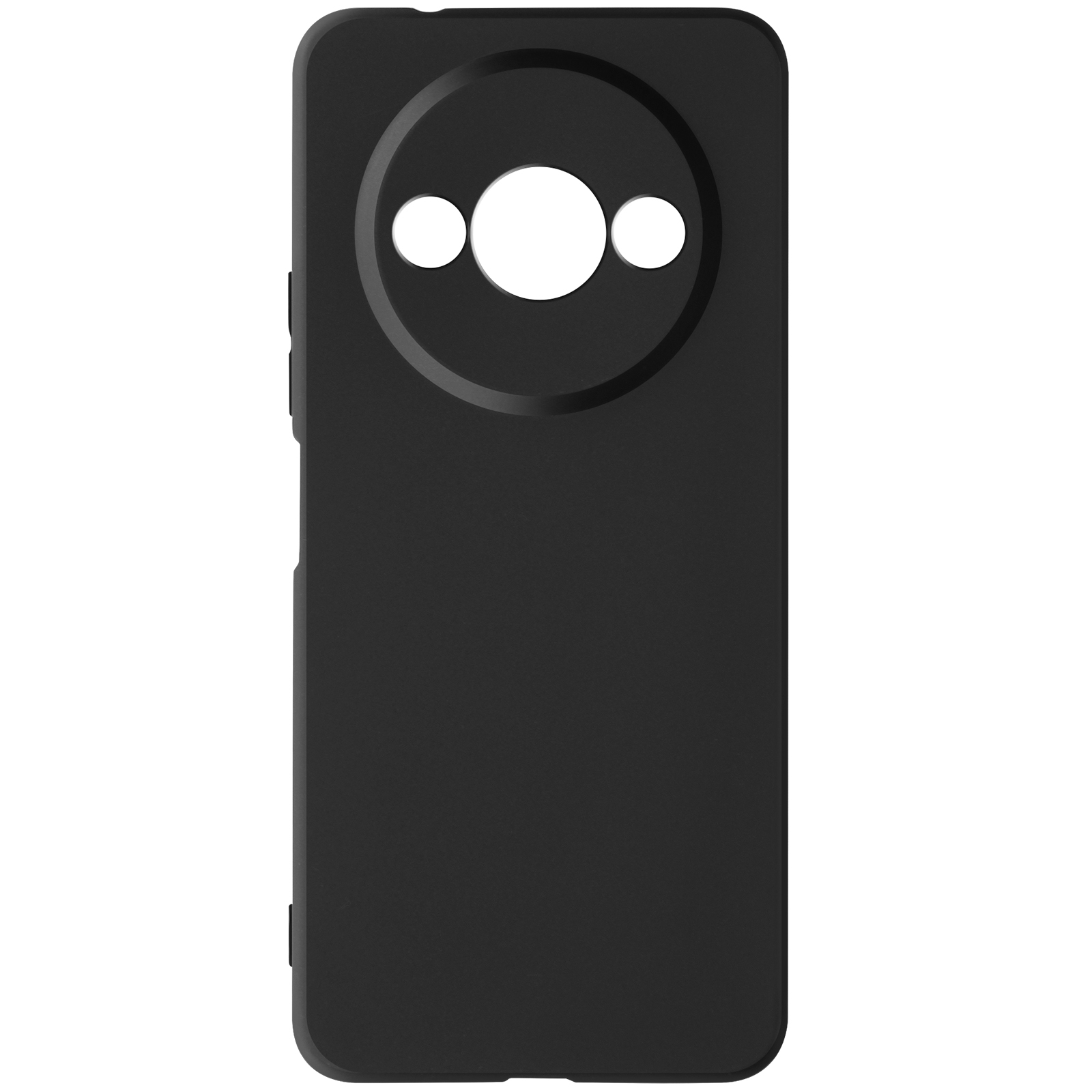 Custodia nera per telefono, tre ritagli rotondi per la fotocamera, design semplice.