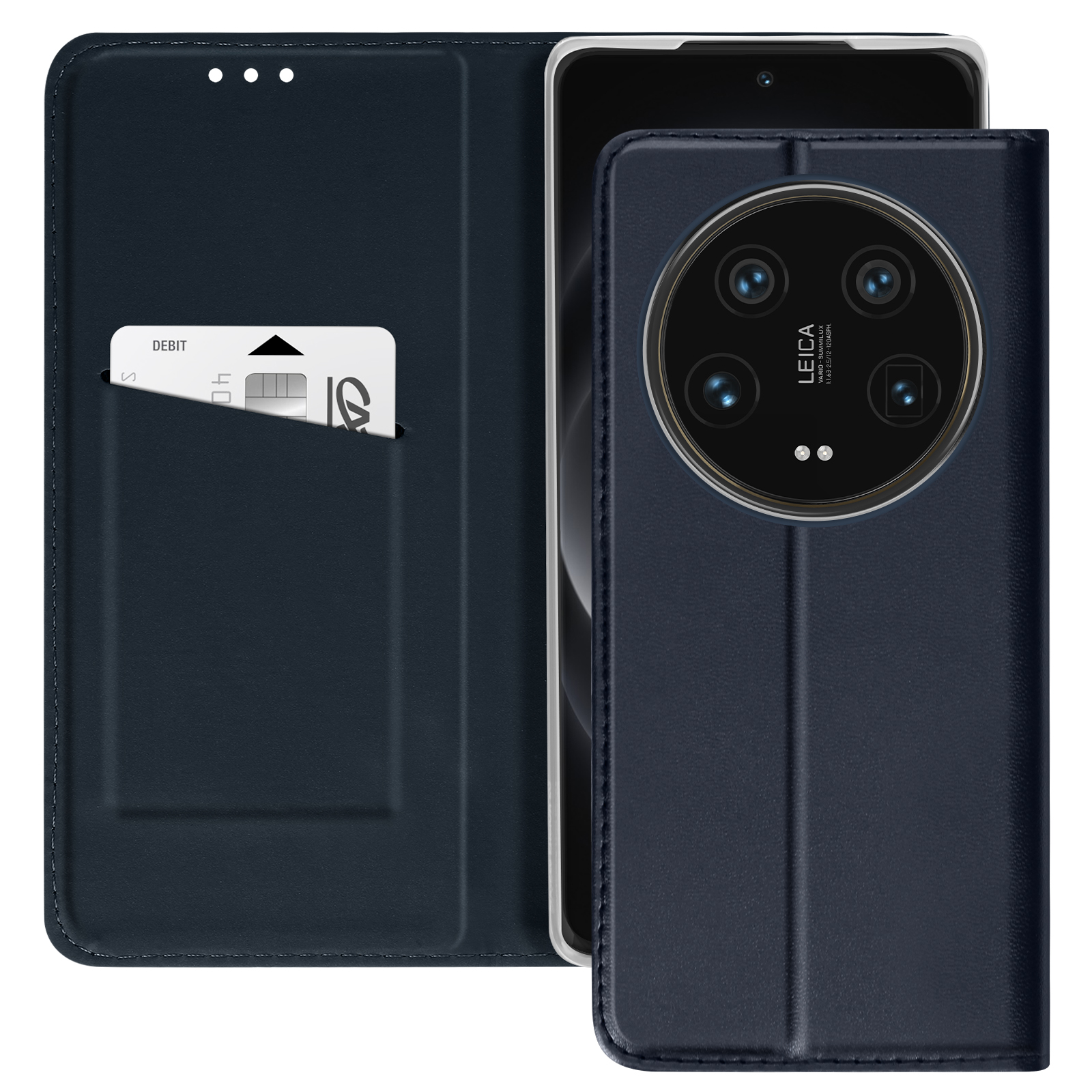 Une coque de téléphone bleue avec une carte et un téléphone à l'intérieur. Le téléphone a un appareil photo Leica.