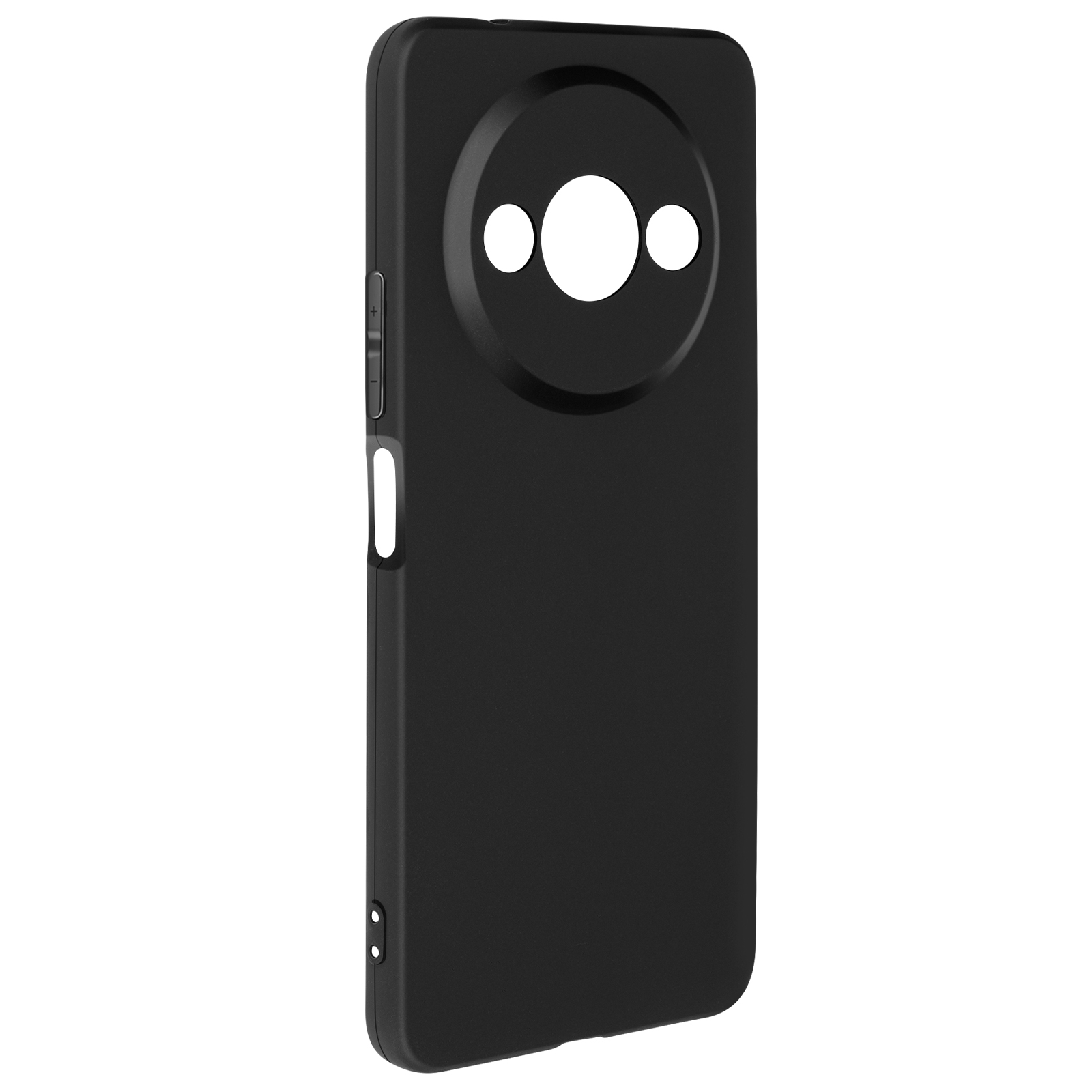 Custodia nera per telefono, tre ritagli rotondi per la fotocamera, design semplice.
