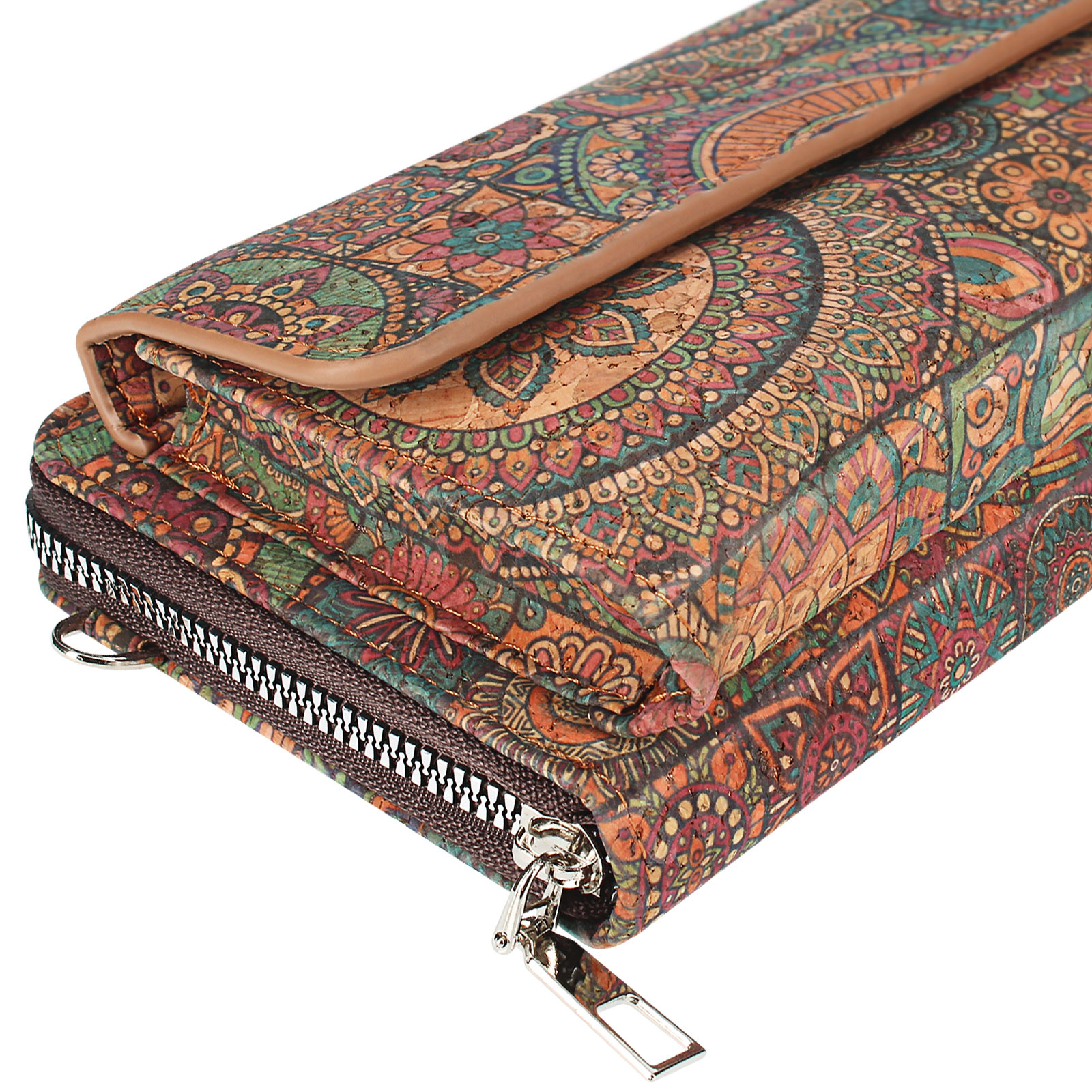 Braune Korkbrieftasche mit farbenfrohem Design und Reißverschluss. Es hat ein Blumenmuster.