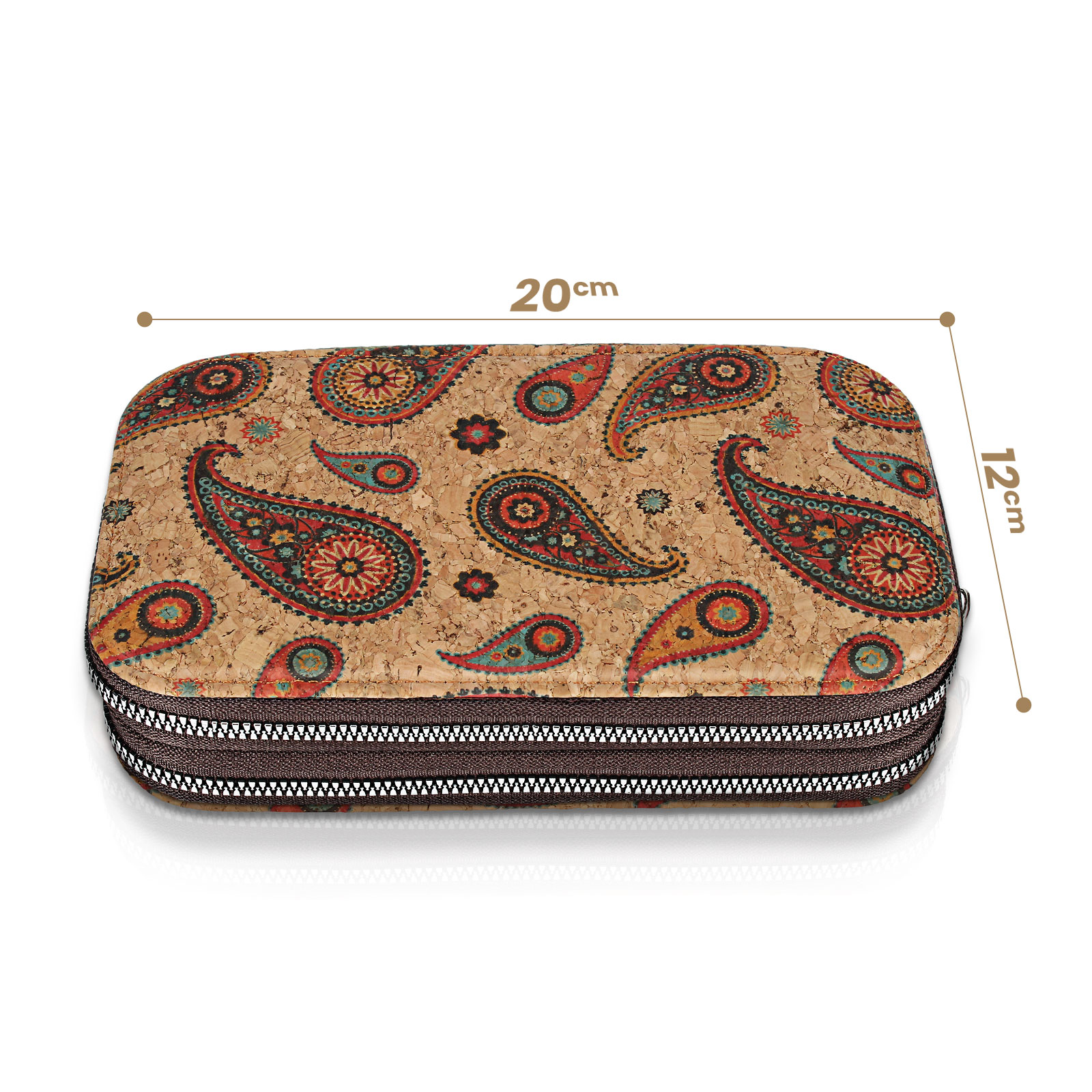 Braune Geldbörse mit Paisley-Muster. Die Abmessungen betragen 12 cm x 20 cm.
