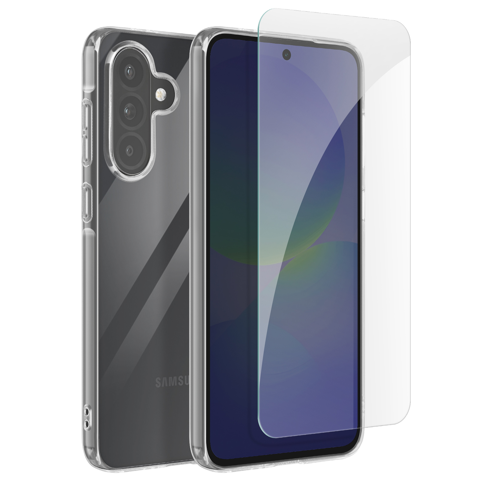 Custodia trasparente con protezione schermo su un telefono. Include una tripla fotocamera.