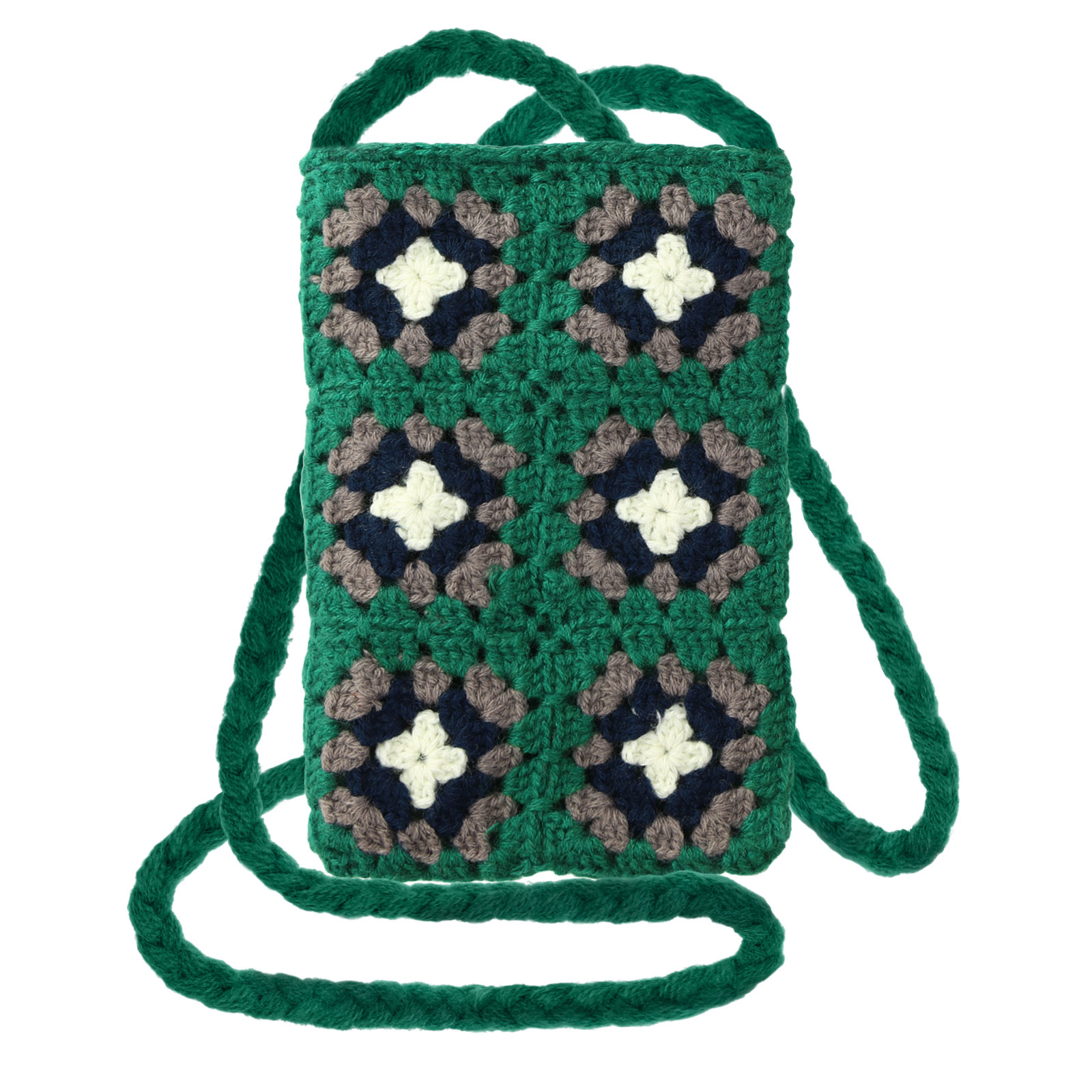 Borsa per telefono verde all'uncinetto con motivi floreali e cinturino verde.