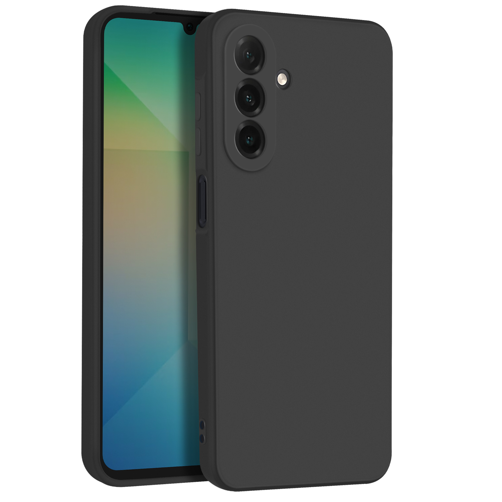 Telefono nero con custodia nera, vista laterale.