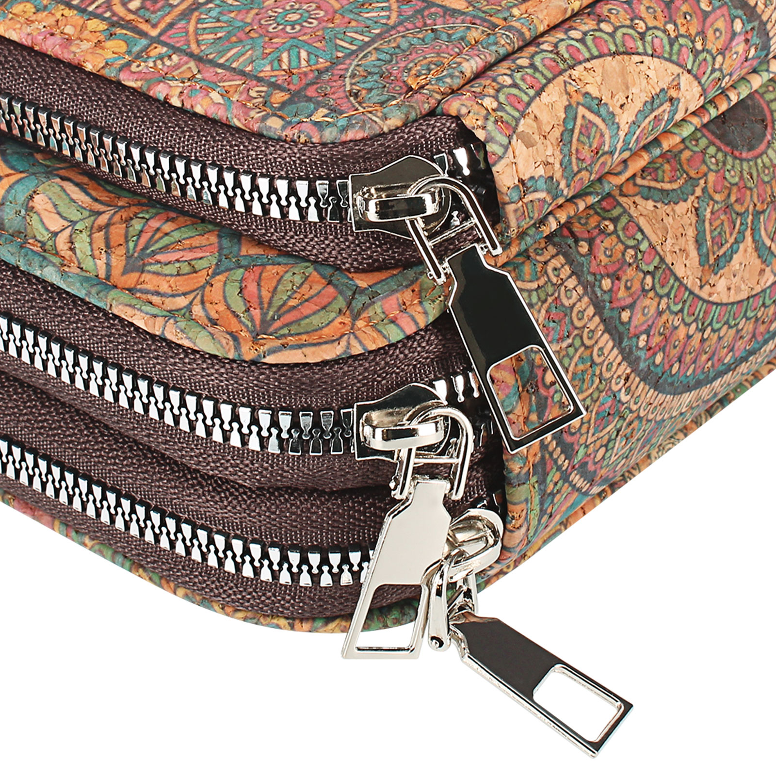 Nahaufnahme von drei Reißverschlüssen auf einer gemusterten Tasche. Die Tasche hat ein braunes und farbenfrohes Design.