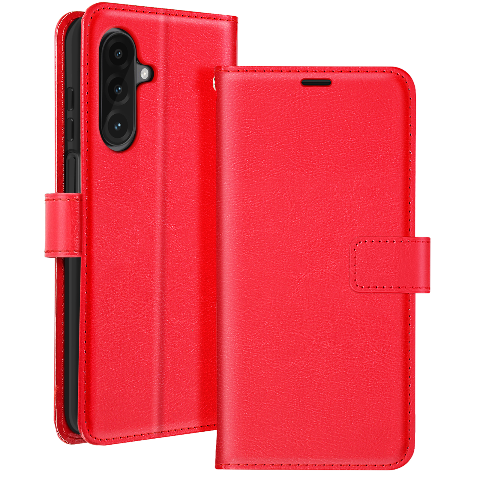 Custodia rossa per telefono, che mostra la parte anteriore e aperta. Il telefono non è visibile. La custodia ha una chiusura magnetica.