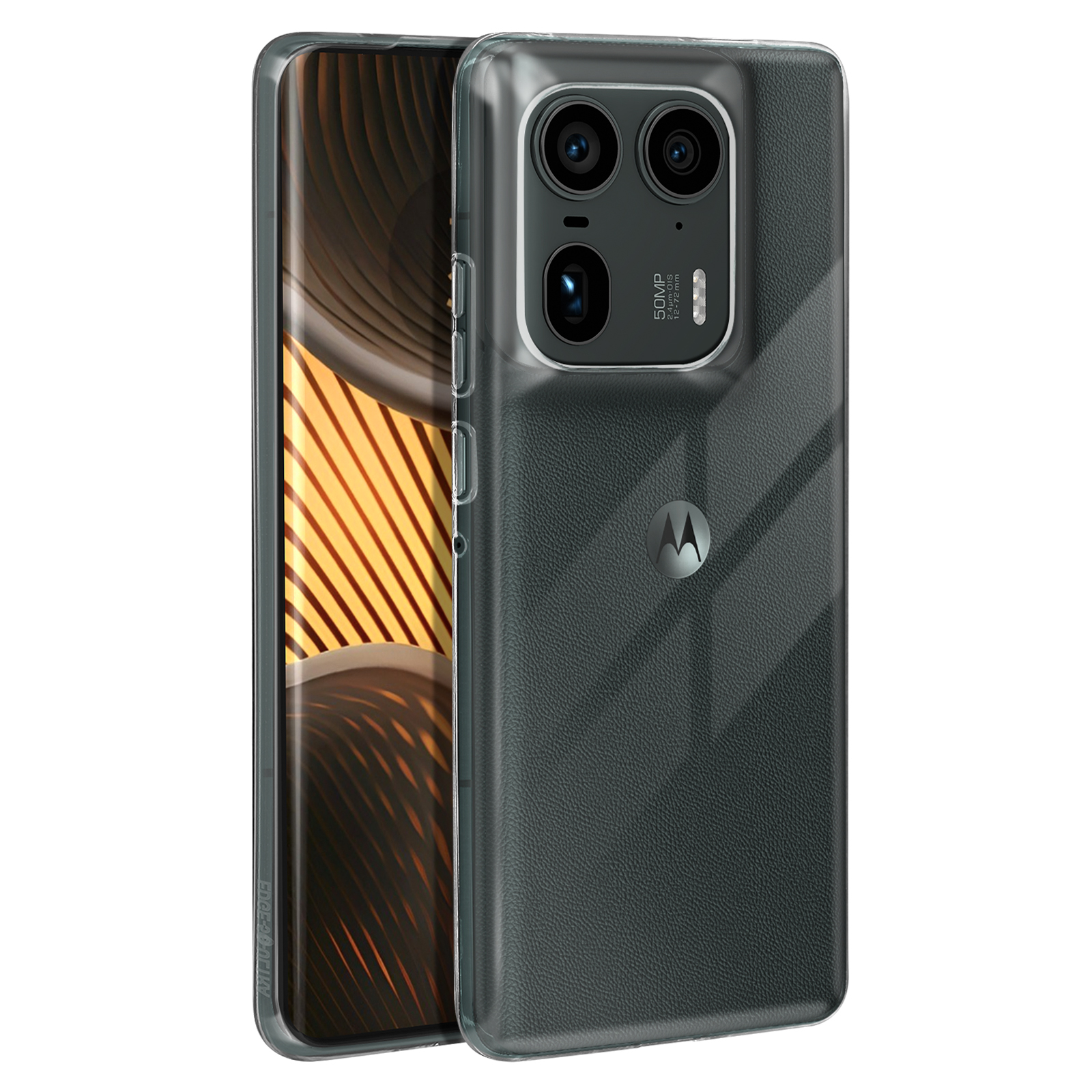 Telefono Motorola con custodia trasparente. Il retro è scuro con il logo Motorola.