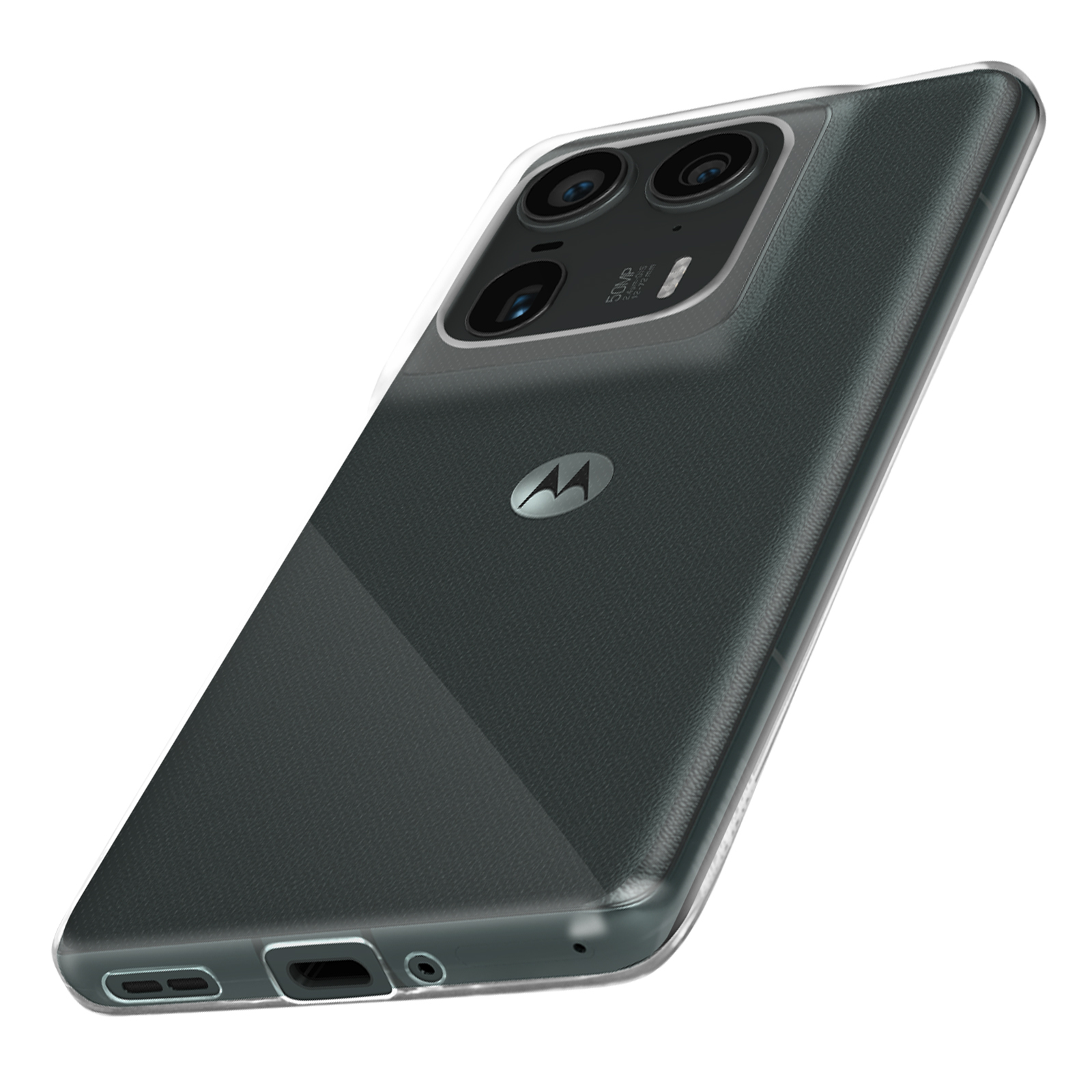 Telefono Motorola con custodia trasparente. Il retro è scuro con il logo Motorola.