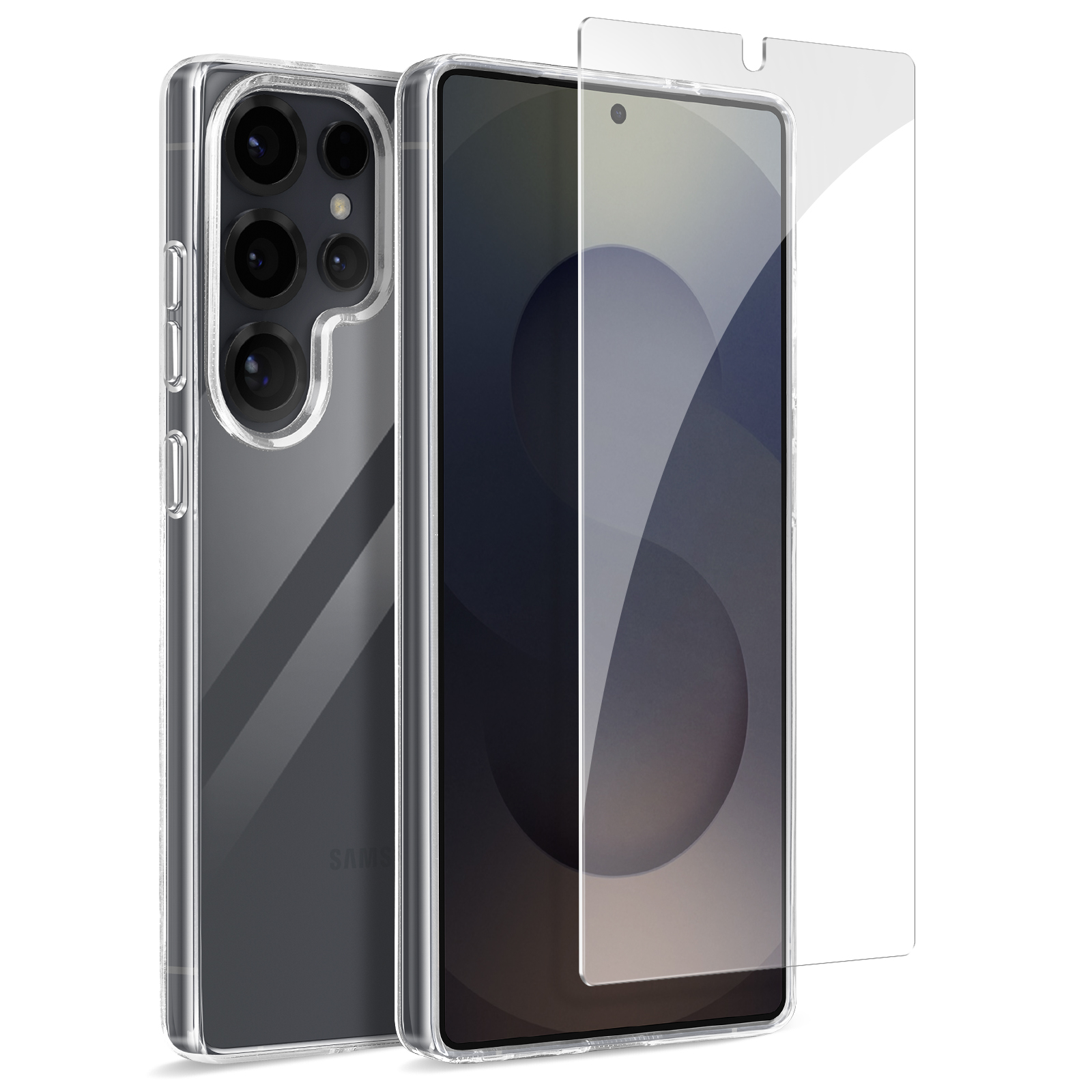 Telefono con custodia trasparente e protezione schermo. Mostra la fotocamera e il retro del telefono.