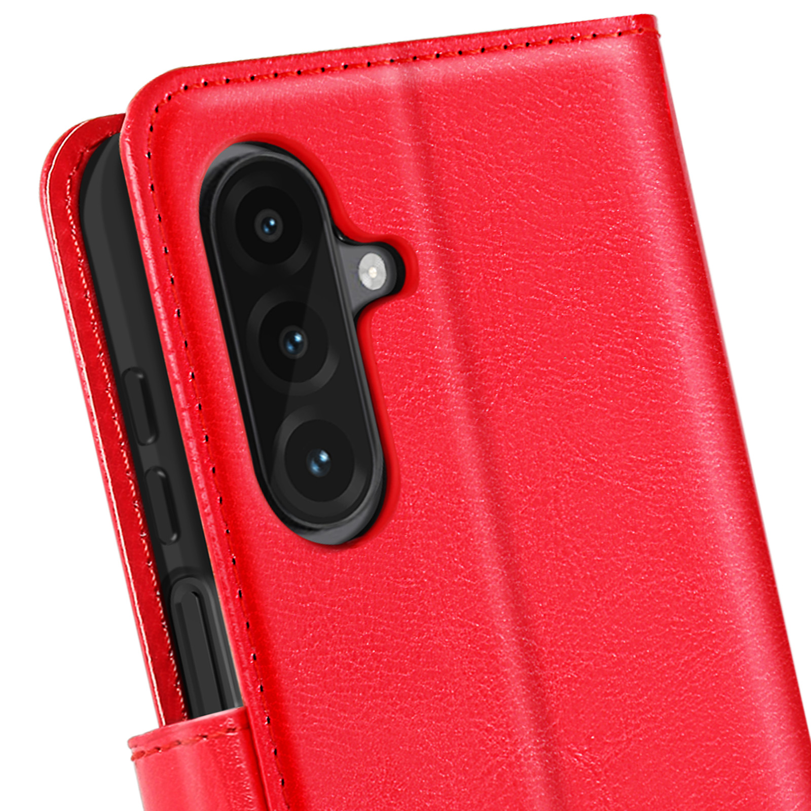 Custodia rossa per telefono con ritagli per fotocamera. È aperta, mostrando un telefono.