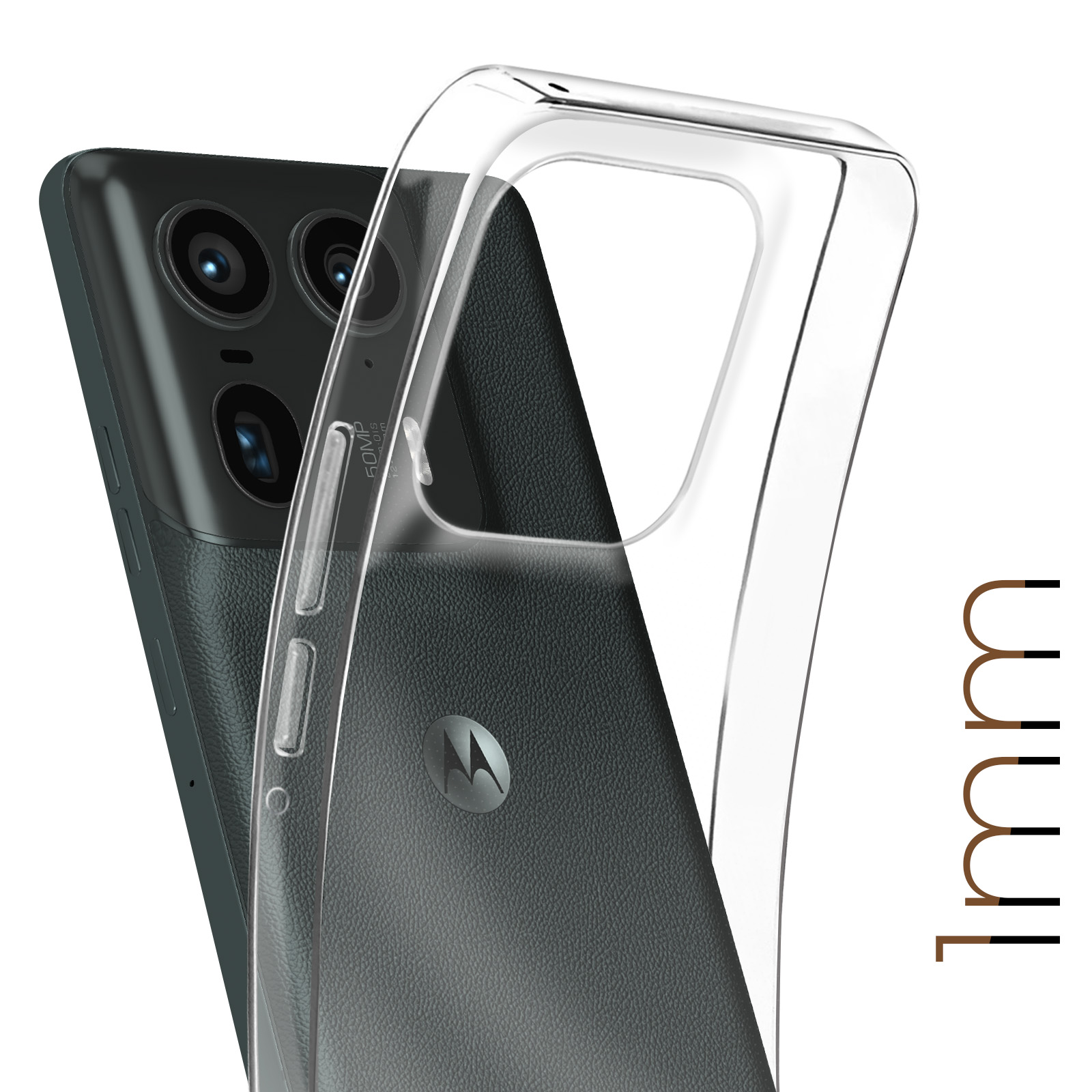 Telefono in una custodia trasparente, con un testo di 1 mm. Il telefono ha tre fotocamere.