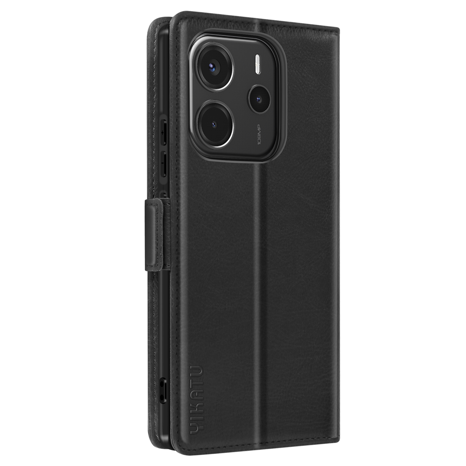 Custodia per telefono nera con cover a ribalta, aperta. Il telefono è dentro, la fotocamera visibile.
