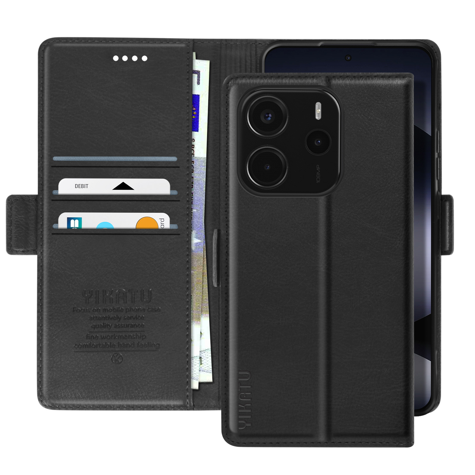 Portafoglio nero per telefono, aperto con carte e denaro visibili. Testo e logo visibili.