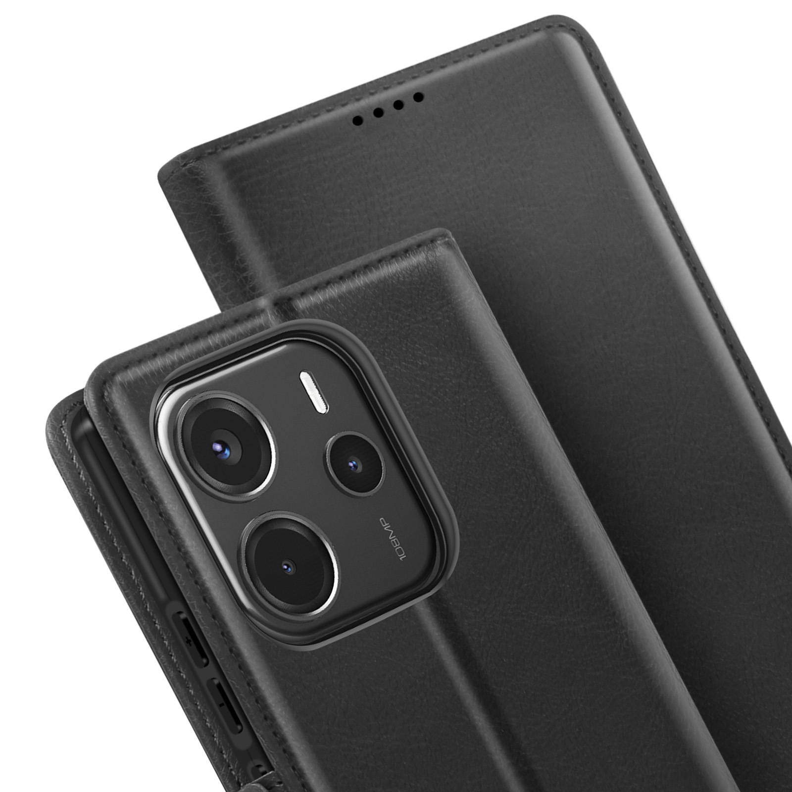 Custodia per telefono nera, aperta per rivelare il telefono e la fotocamera. Il marchio è visibile.