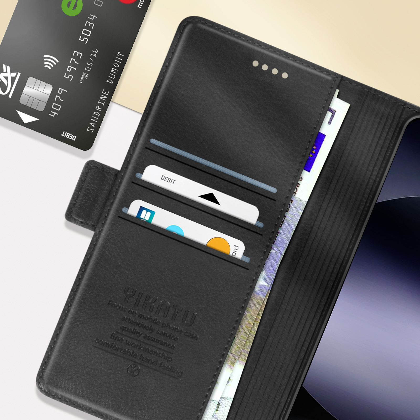 Custodia per telefono nera aperta con carte di credito, denaro e il marchio YIKATU visibili.