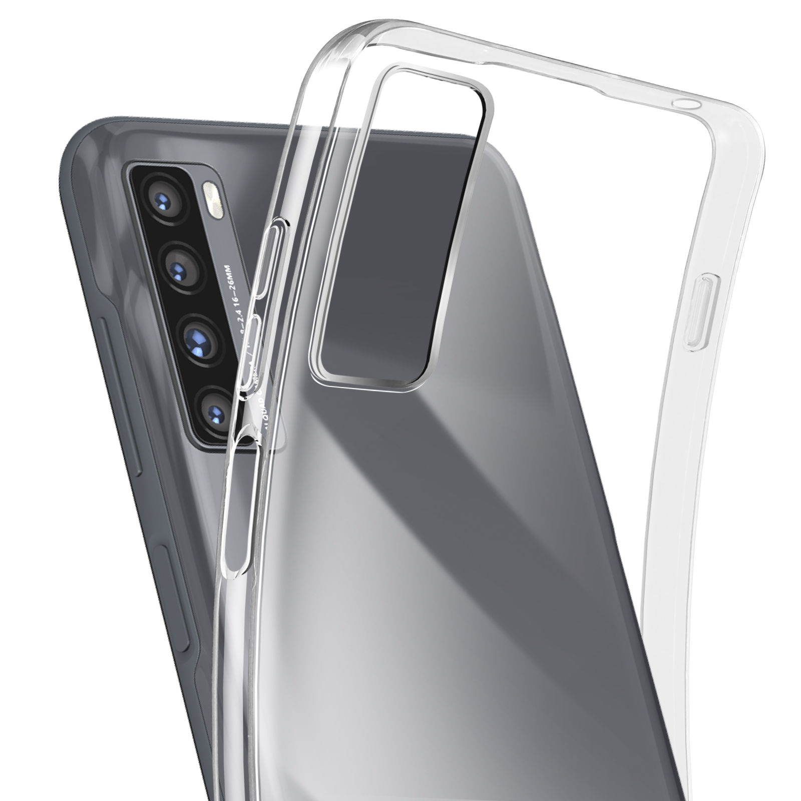 Telefono in una custodia trasparente. Il telefono ha più fotocamere. La custodia è trasparente.