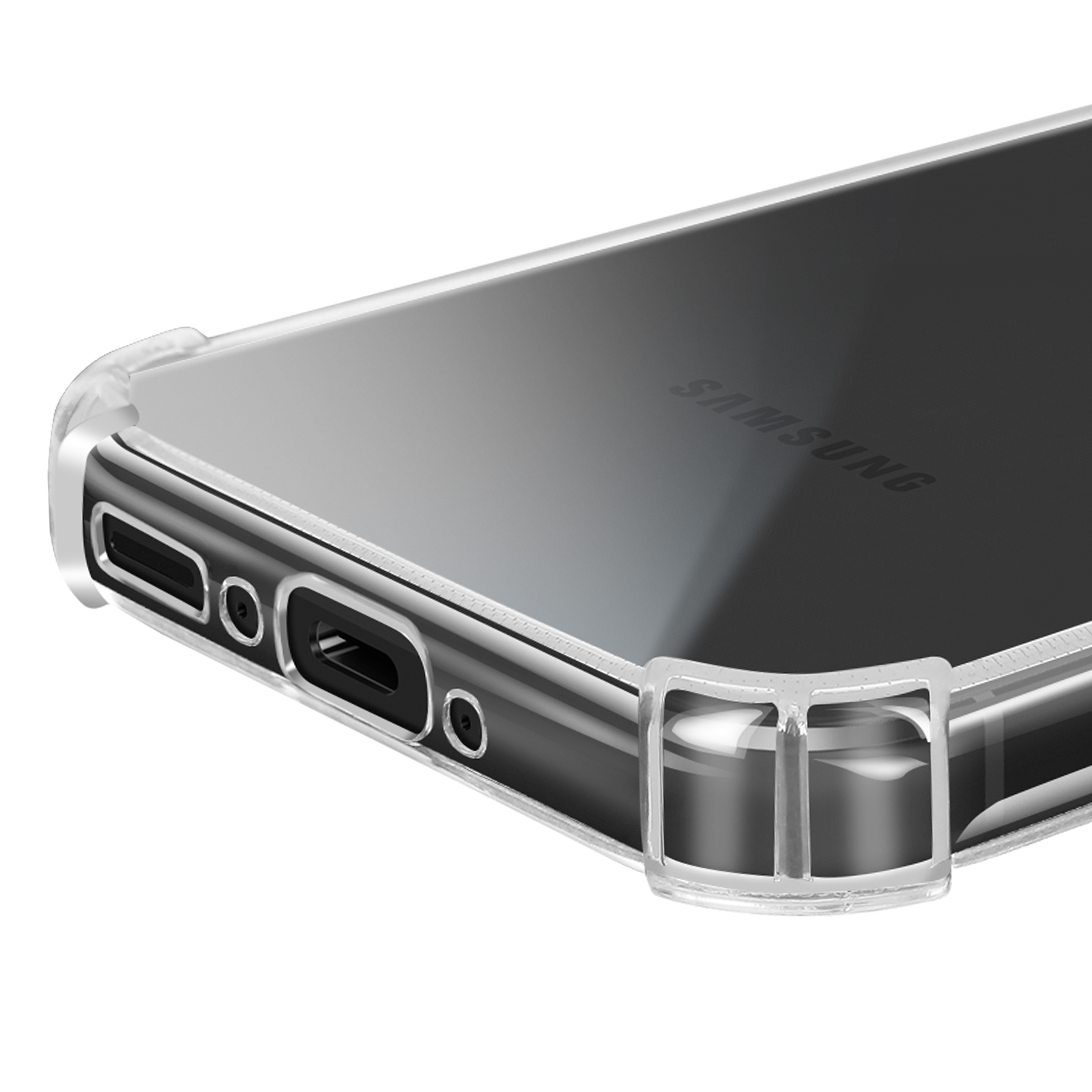 Primo piano di una custodia trasparente per telefono. La custodia ha ritagli per le porte e angoli per la protezione dagli urti.