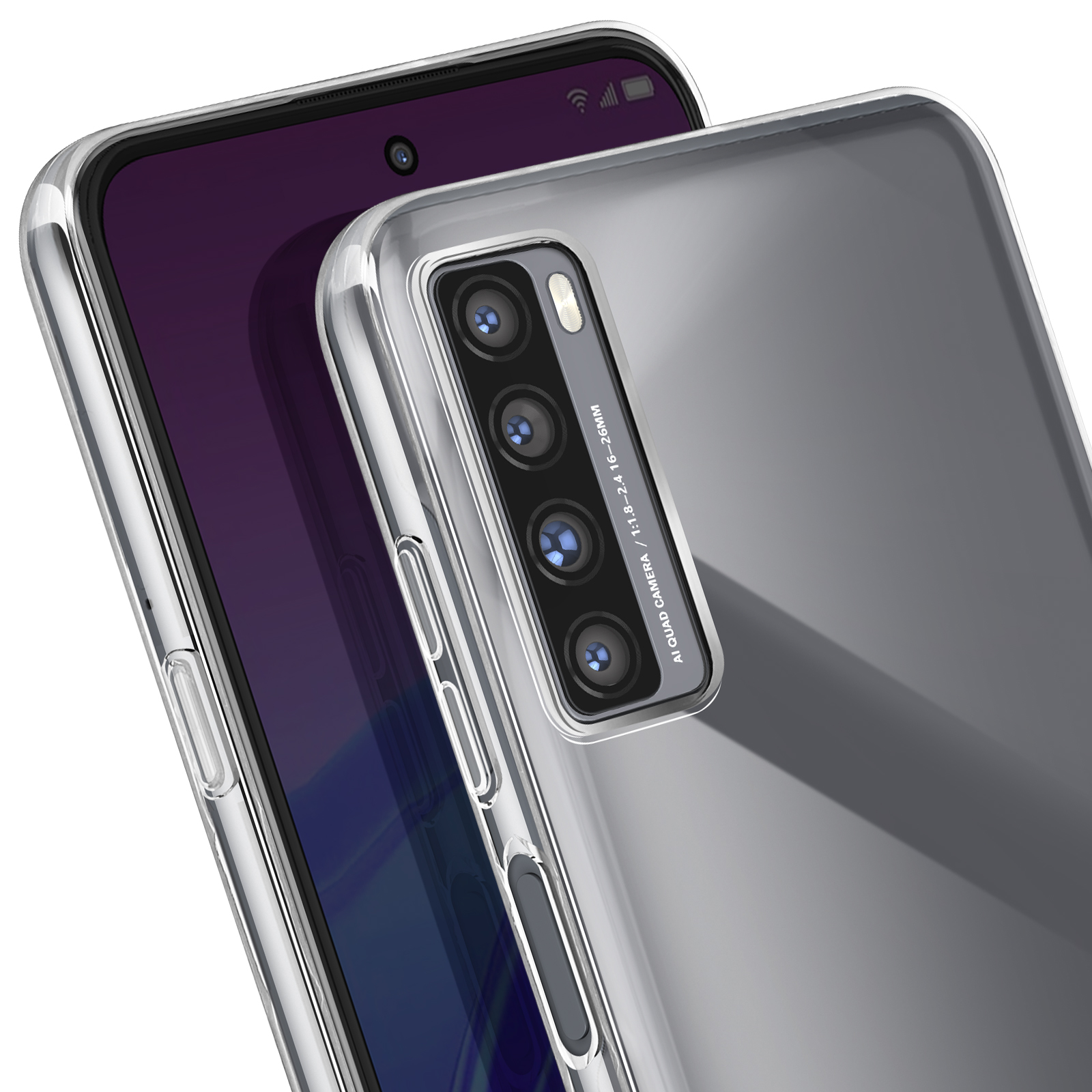 Primo piano di un telefono con una custodia trasparente. Modulo fotocamera e schermo visibili. La custodia è trasparente.
