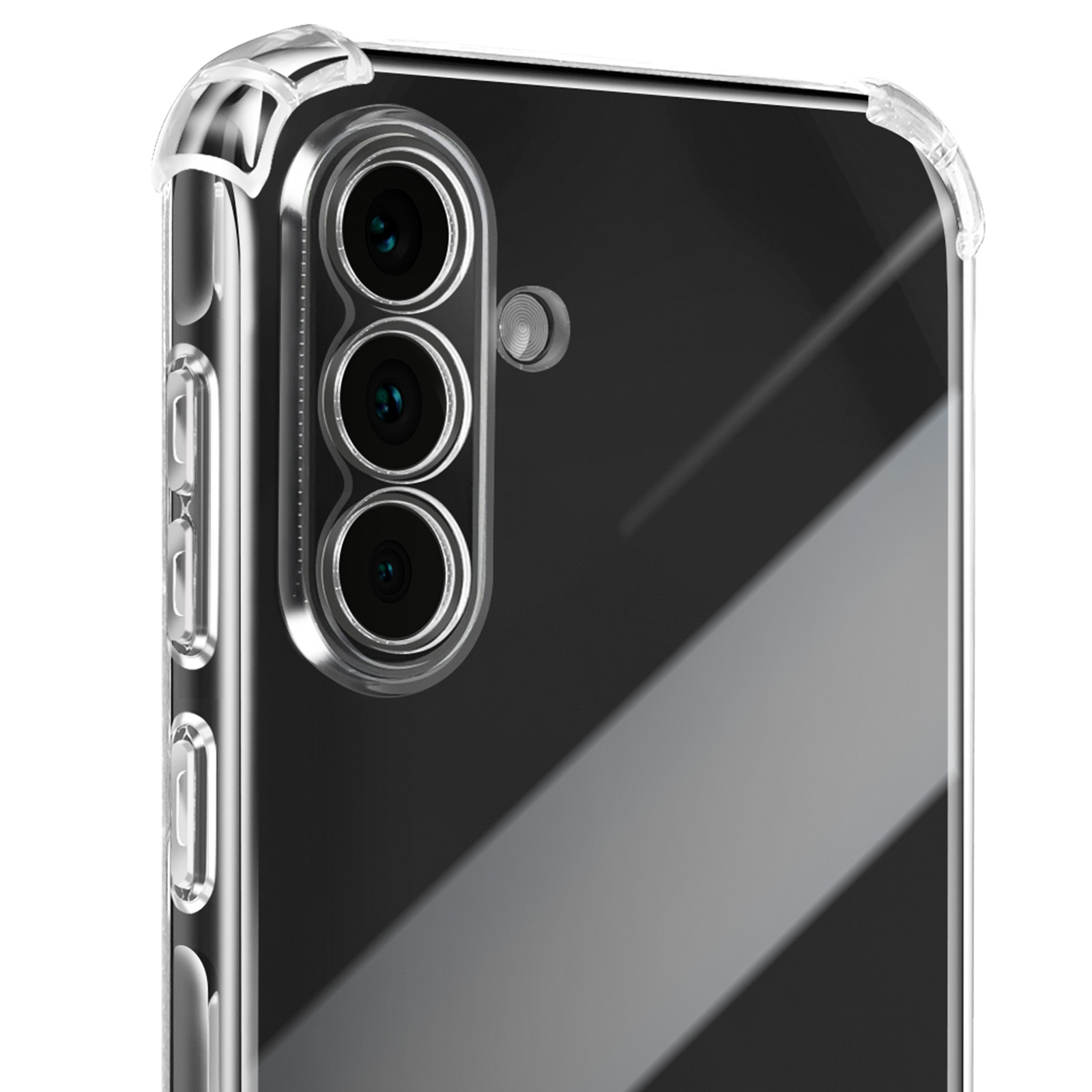 Un telefono con una custodia trasparente. Il telefono ha tre fotocamere. La custodia è trasparente.