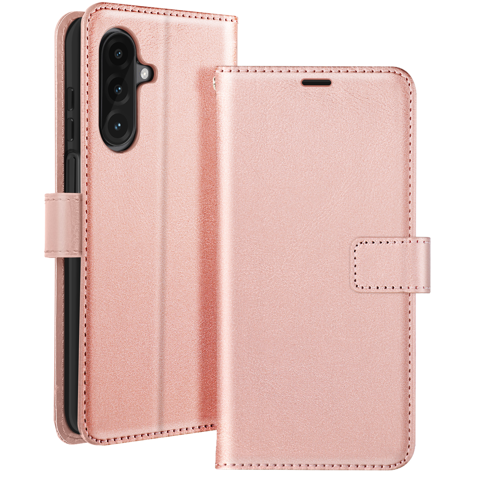 Custodia per telefono rosa, aperta, che rivela il telefono. La custodia è strutturata e ha una chiusura a bottone. Il telefono ha fotocamere.