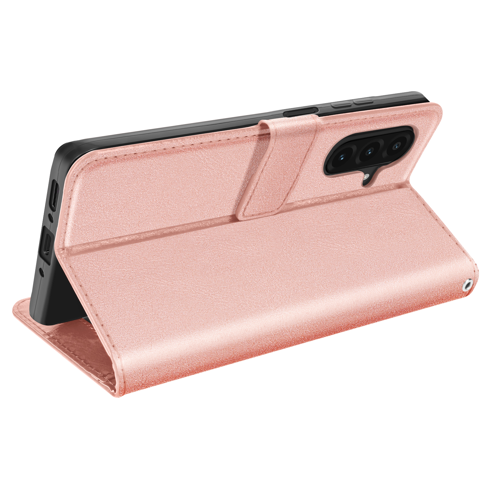 Una custodia per telefono rosa con un telefono all'interno. La custodia è aperta, mostrando fessure per carte e un telefono.