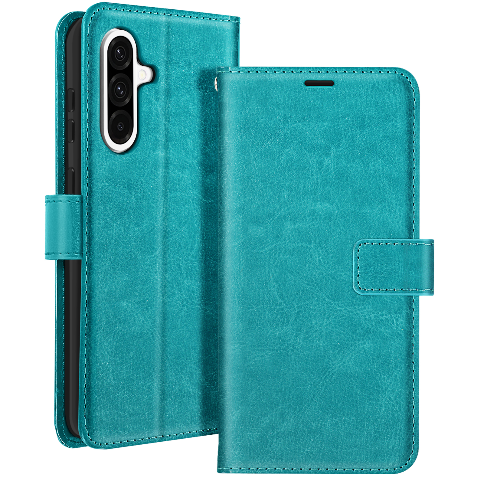 Eine blaue Handyhülle ist geöffnet. Das Telefon darin hat drei Kameras. Die Hülle ist aus Leder.